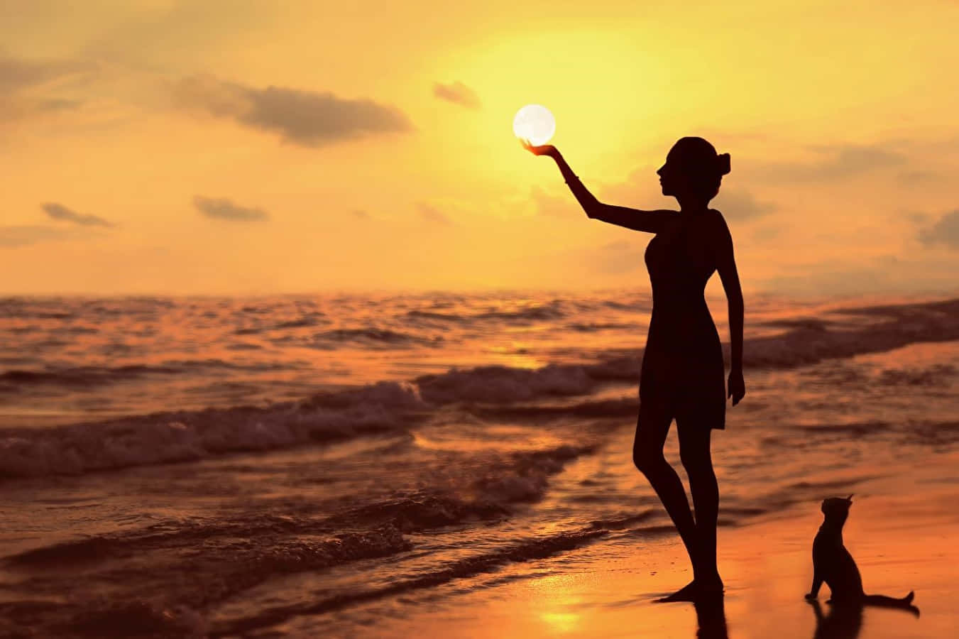 Sunset Silhouette, woman, sun, HD Desktop Wallpaper
