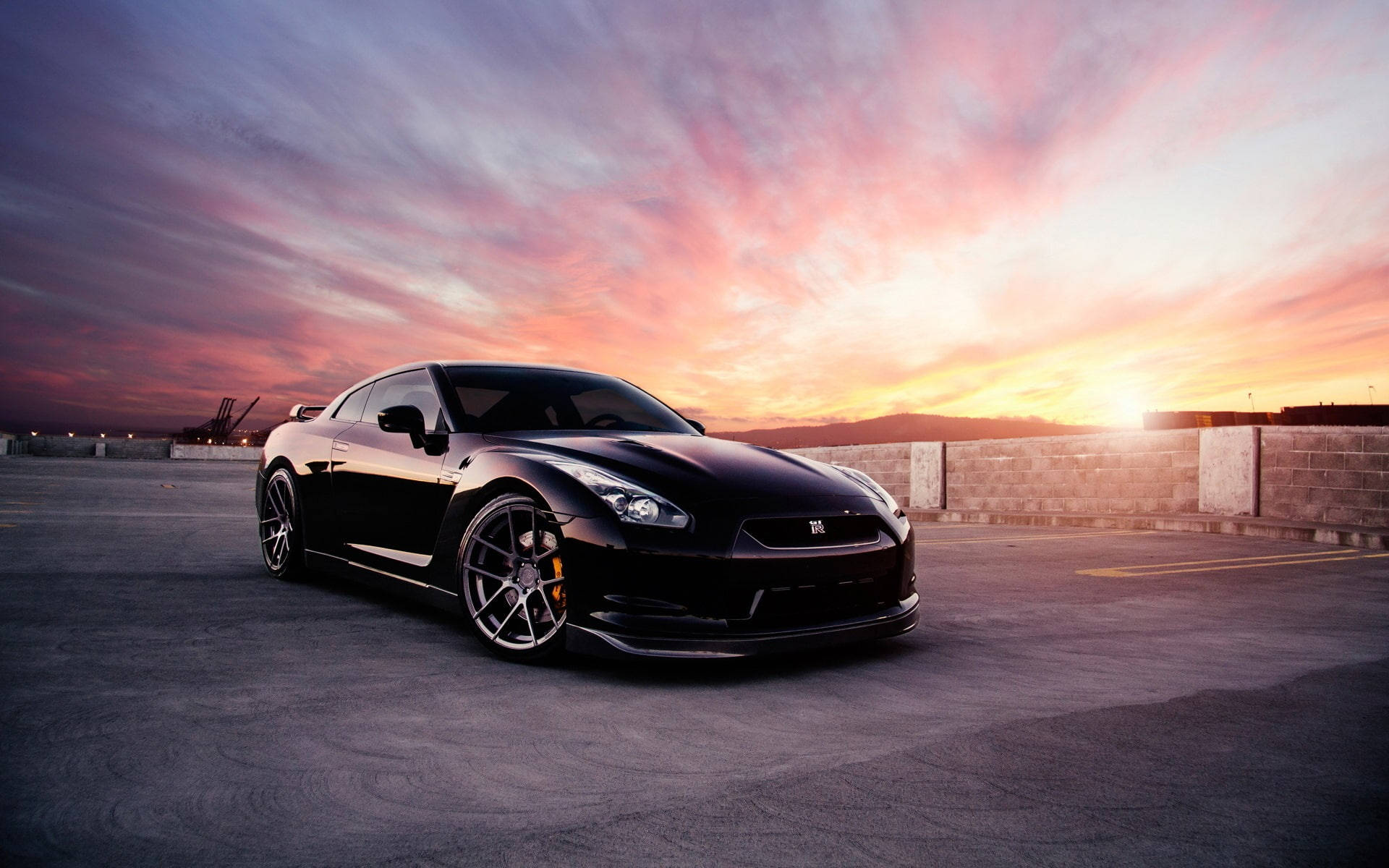 black sports car, pink and purple sunset sky, empty lot, Full HD Desktop Wallpaper