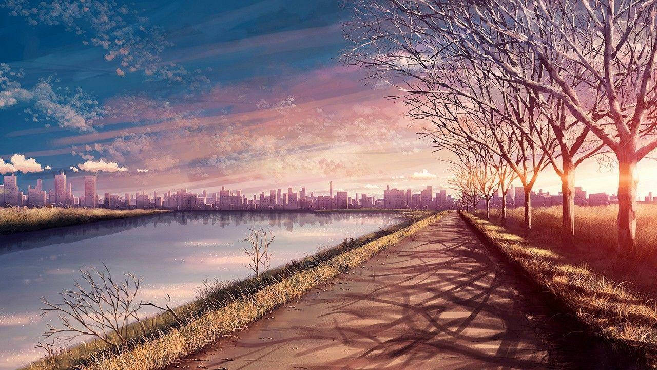 anime aesthetic, sunset, lake park, HD Desktop Wallpaper
