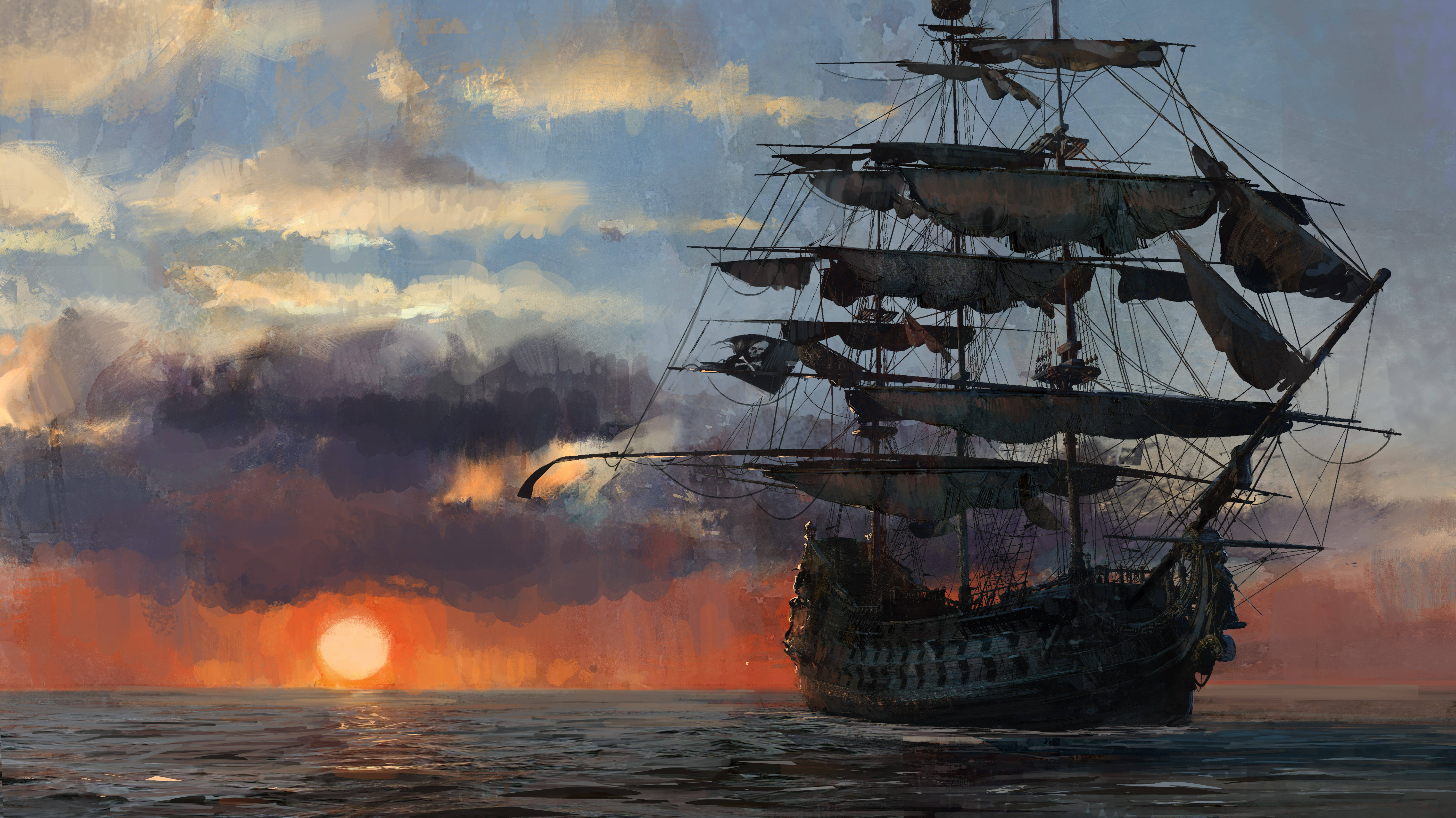 galleon, sunset, fiery orange clouds, 5K Desktop Wallpaper