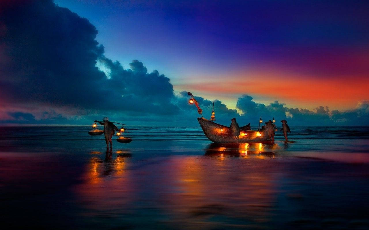 Majestic Sunset, Tranquil Beach, Fishermen, HD Desktop Wallpaper