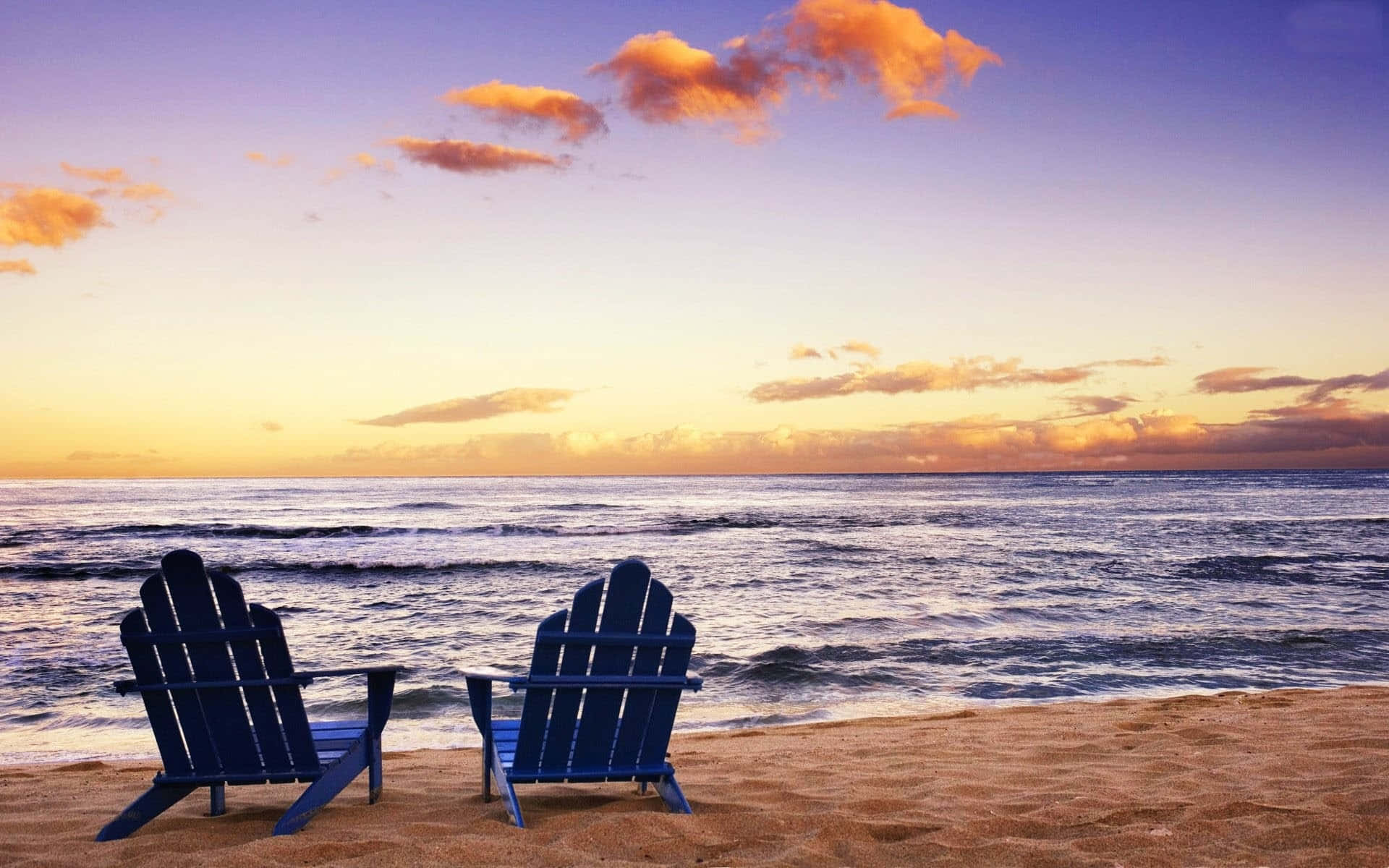 Calming Desktop Two Chairs Beach, blue Adirondack chairs, tranquil ocean, Full HD Desktop Wallpaper