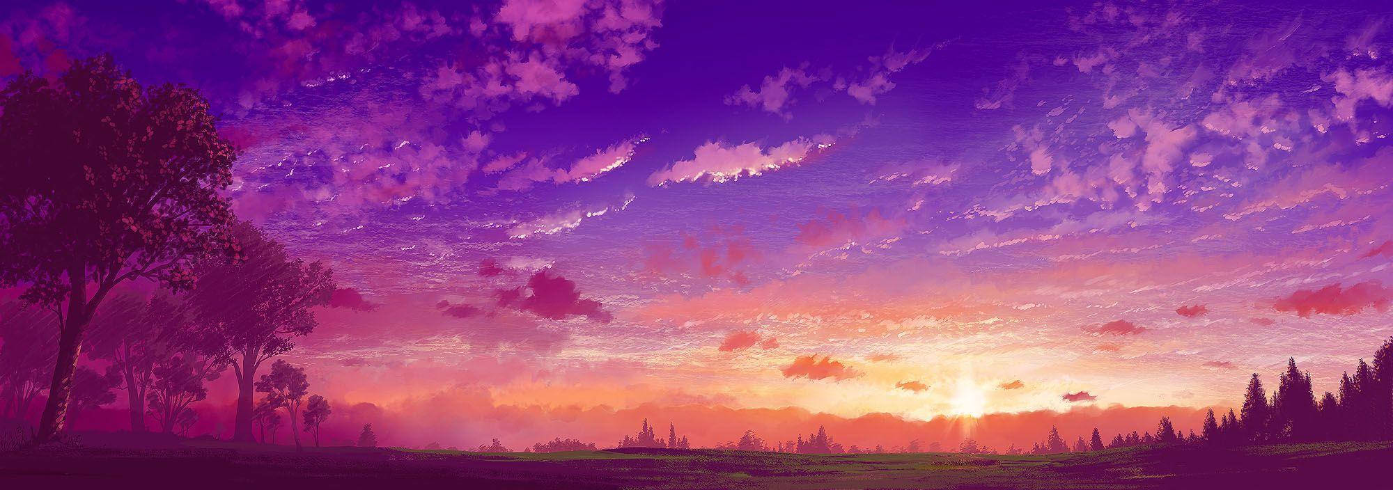 magenta sunset sky, purple pink and orange hues, tranquil field, Full HD Desktop Wallpaper