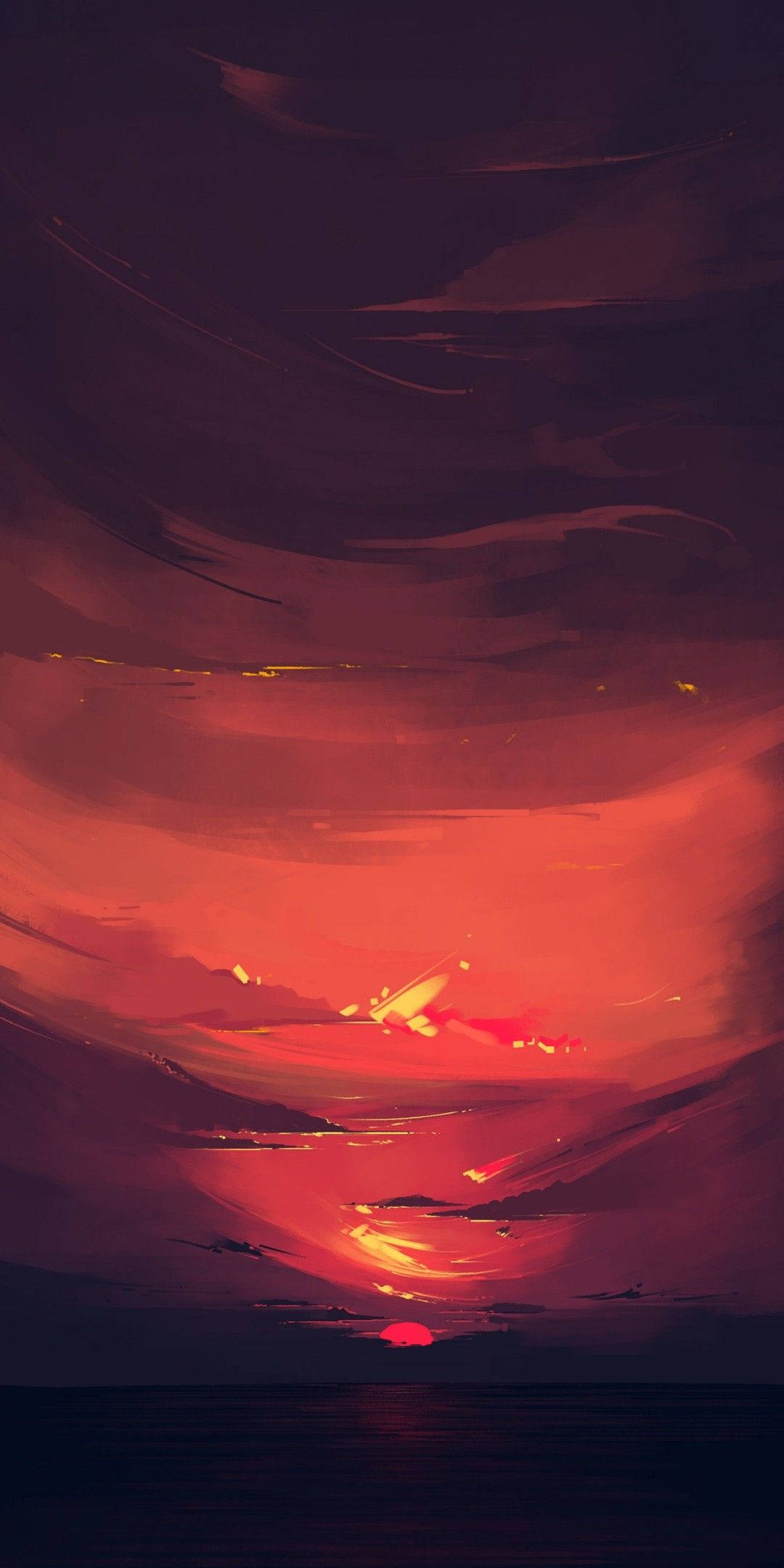 Sunset, fiery red sun, dark ocean, Full HD Phone Wallpaper