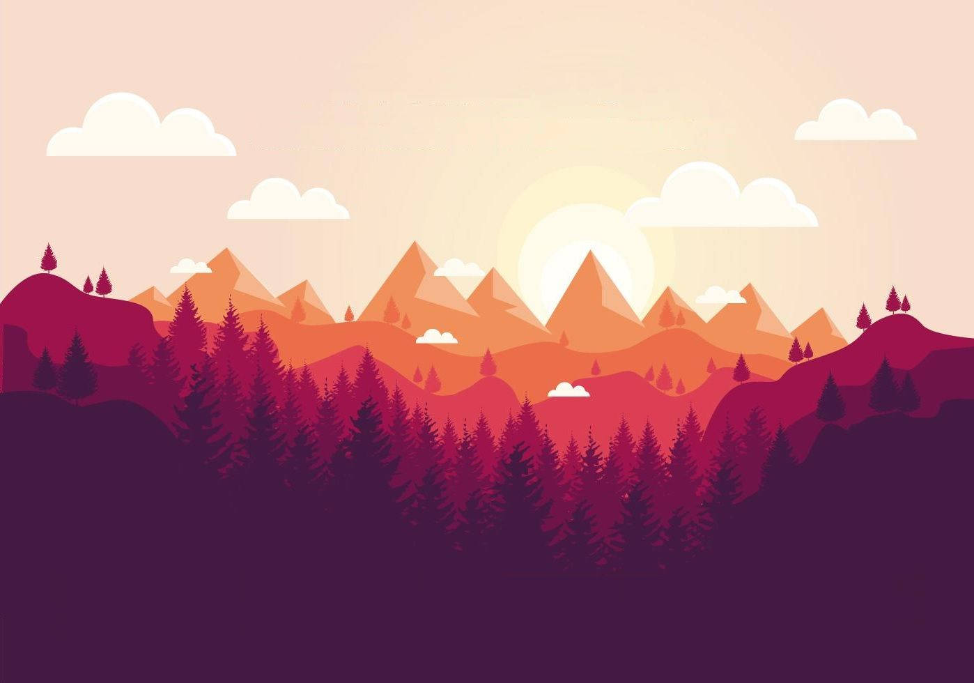 Sunset, mountain range, pine trees, HD Desktop Wallpaper