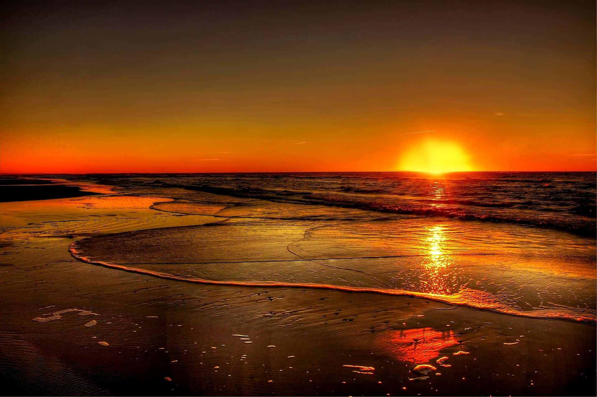 Sunset View, ocean, wet sand, Full HD Desktop Wallpaper