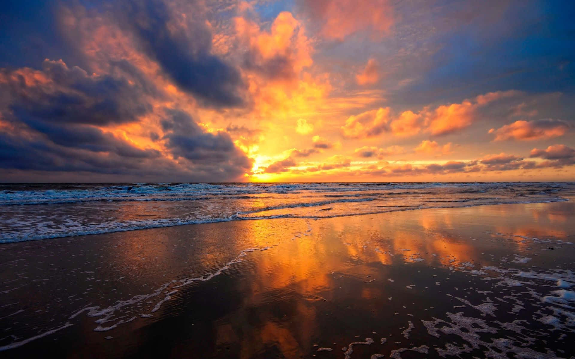 Sunset View, ocean, fiery orange clouds, Full HD Desktop Wallpaper