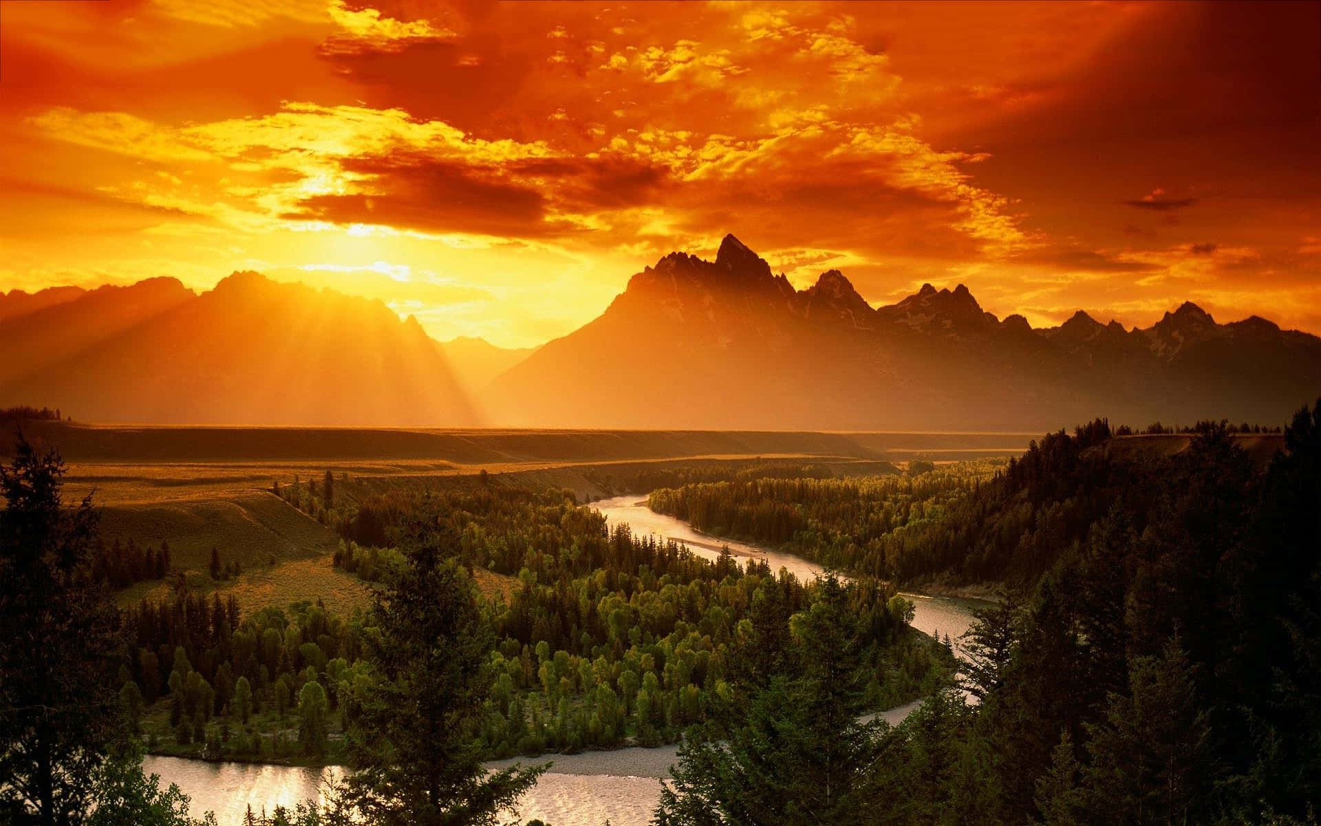 sunset, river, forested valley, Full HD Desktop Wallpaper