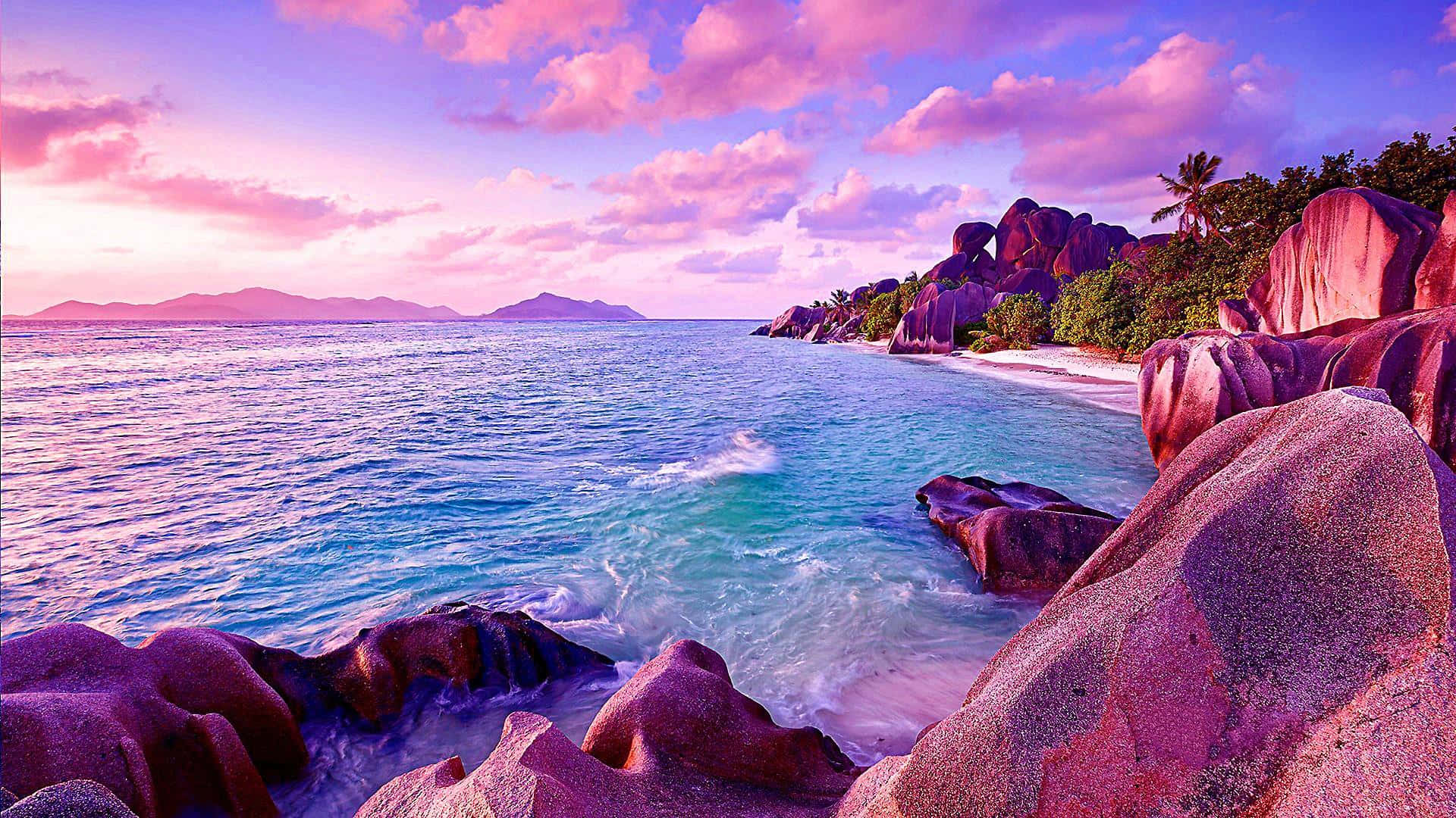 Sunset View, tropical beach, pink and purple hues, Full HD Desktop Wallpaper