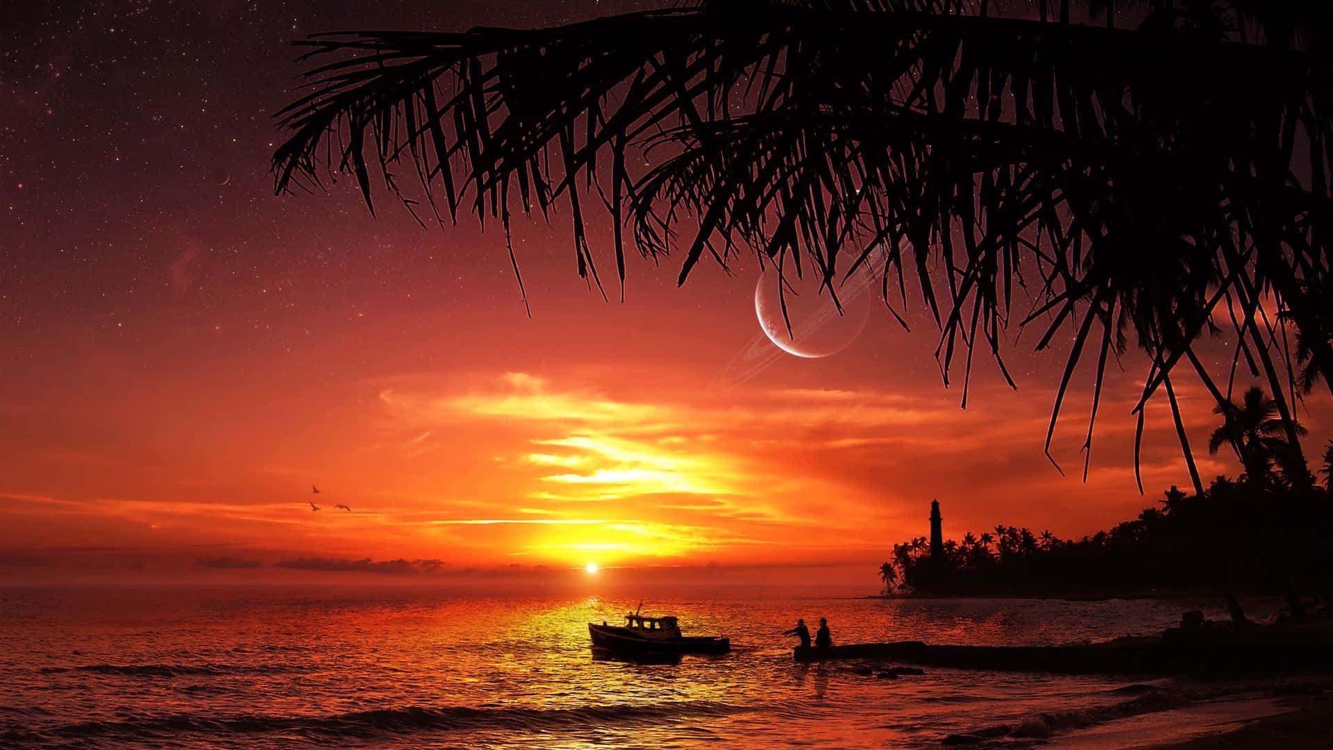 Sunset View, fiery sunset, ocean, Full HD Desktop Wallpaper