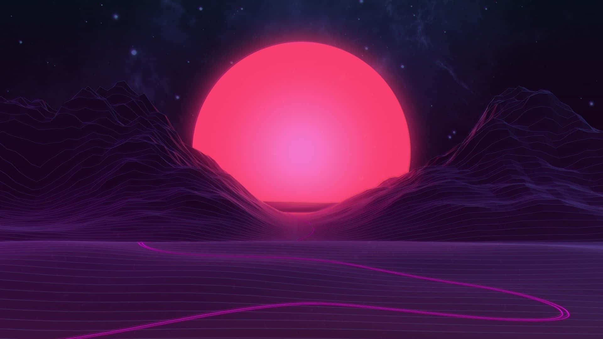 neon sunset mountain landscape, glowing pink sun, purple wireframe mountains, Full HD Desktop Wallpaper