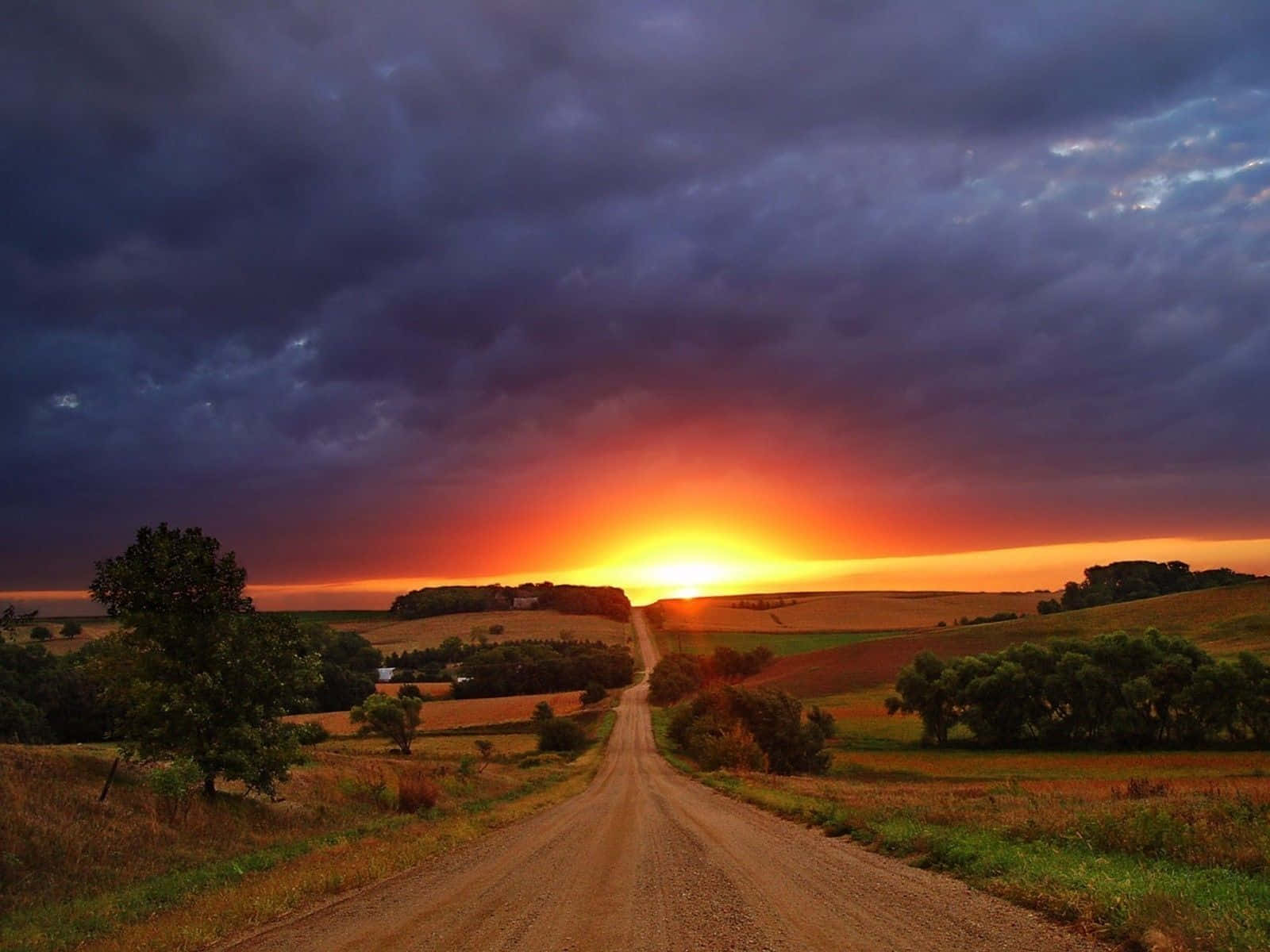 Sunset View, dirt road, fiery sunset, HD Desktop Wallpaper