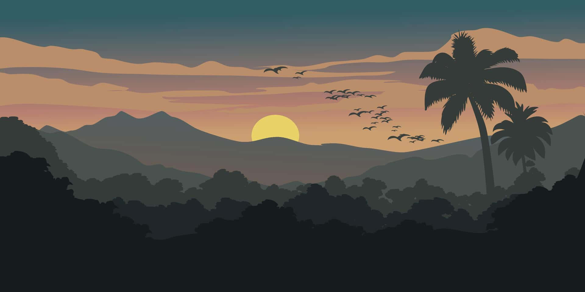 Tropical Sunset Silhouette, orange and teal skies, layered mountains, Full HD Desktop Wallpaper