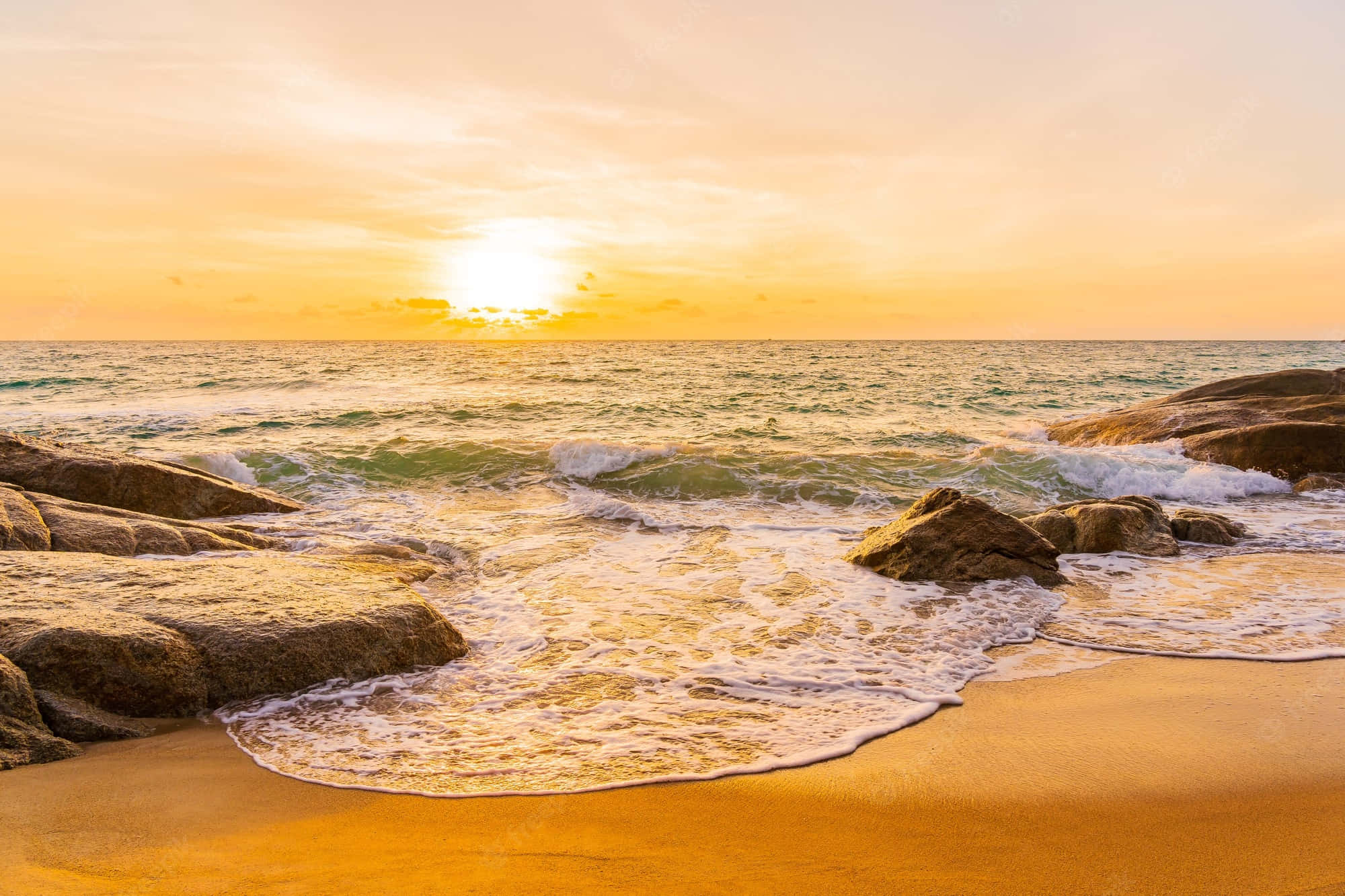 Sunset Wave, golden sunset waves, rugged rocks, Full HD Desktop Wallpaper