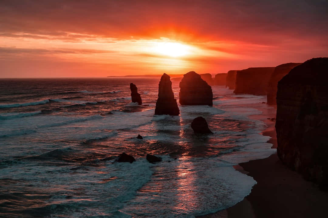 Sunset Wave, tropical ocean, fiery orange sky, SD Desktop Wallpaper