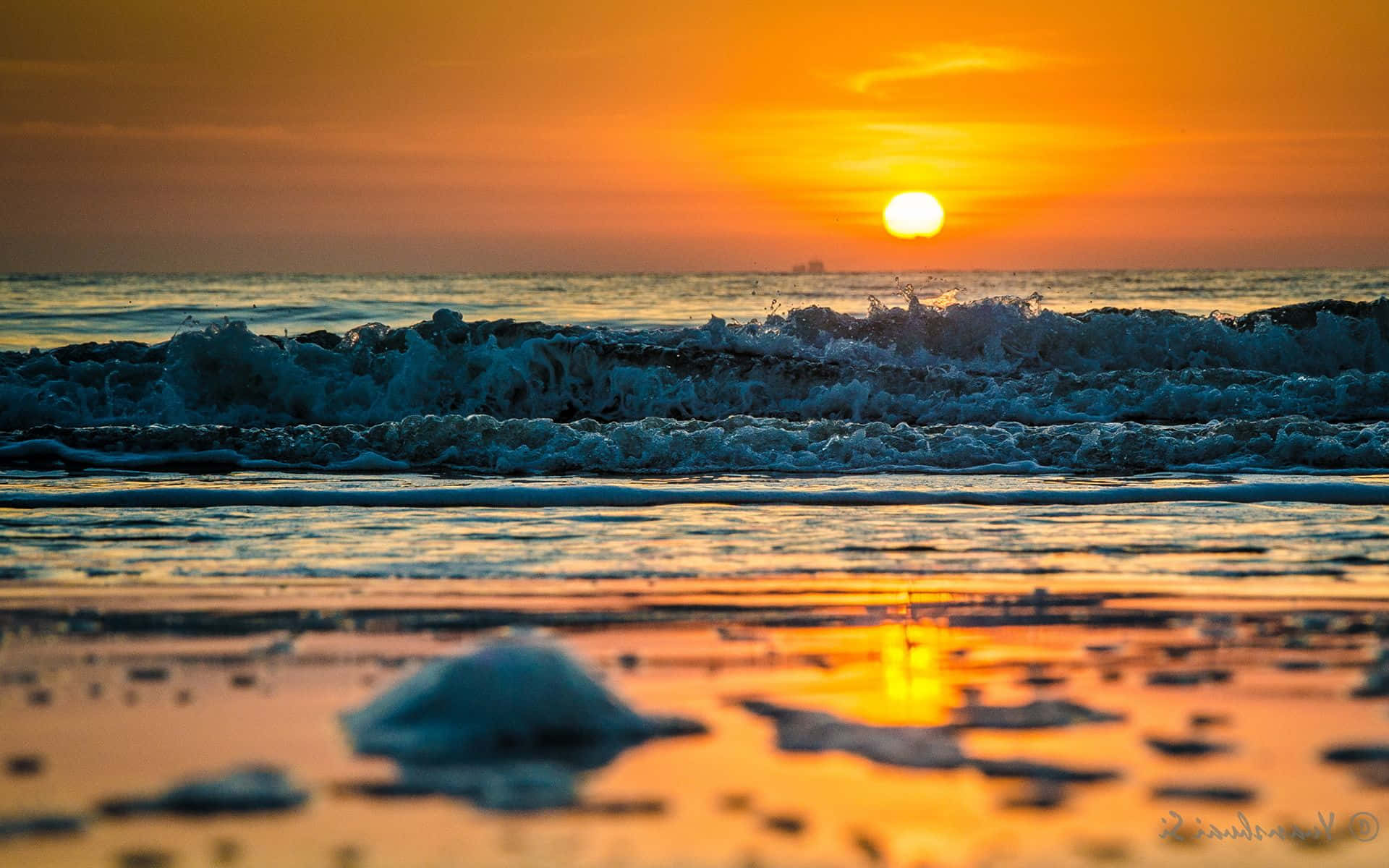 Sunset Wave, golden sunset, crashing ocean waves, Full HD Desktop Wallpaper