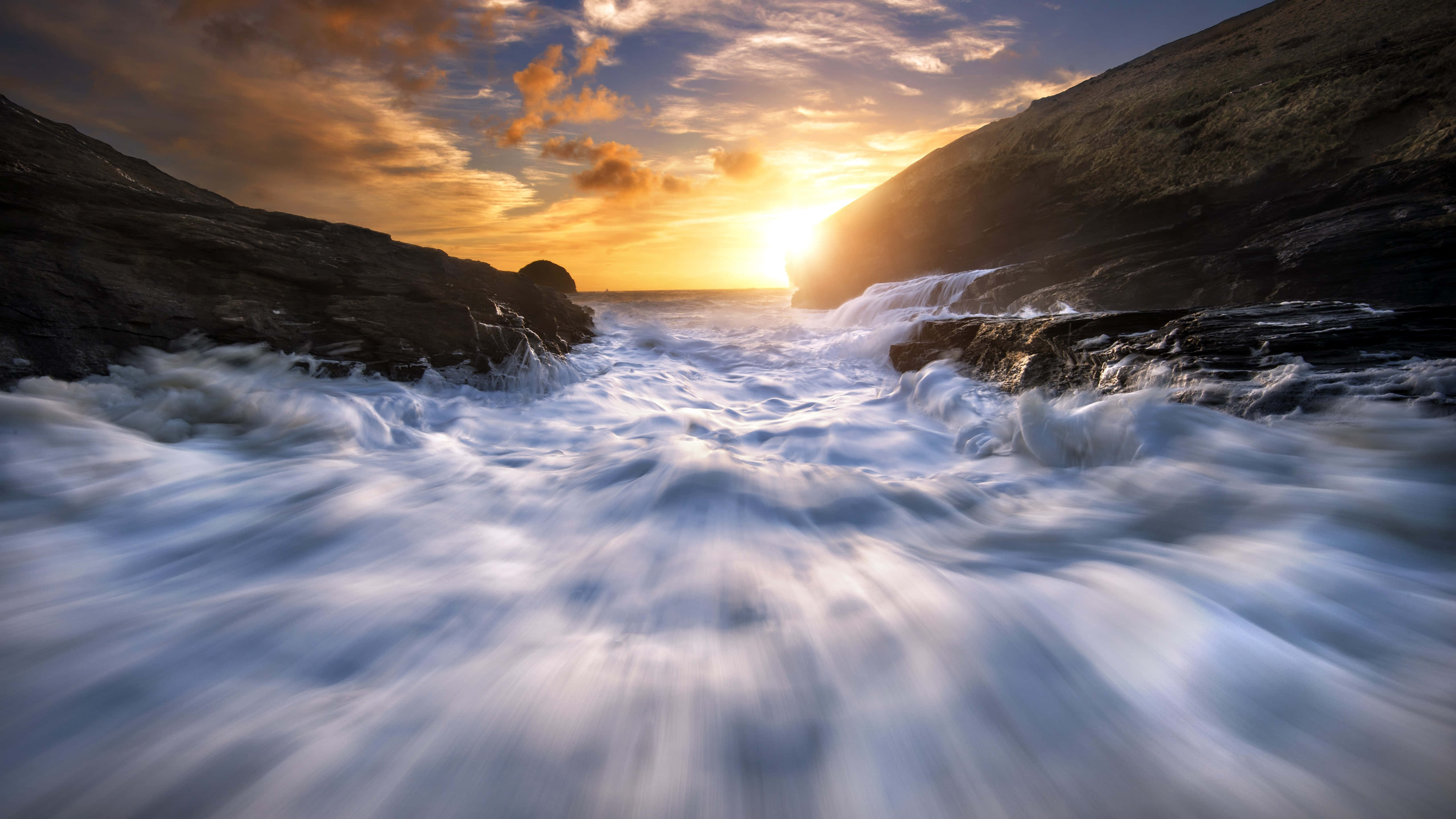 Sunset Wave, pink sunset, crashing waves, 5K Desktop Wallpaper