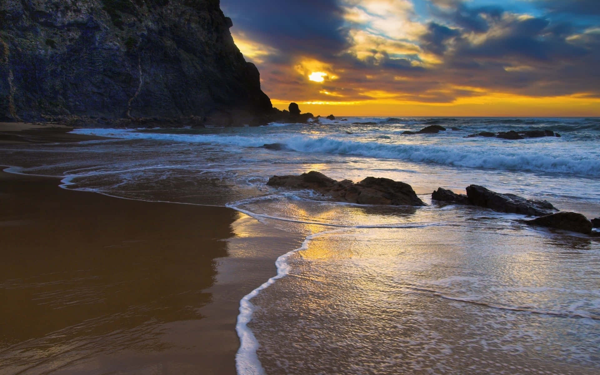 Sunset Wave, fiery orange, deep blue, Full HD Desktop Wallpaper