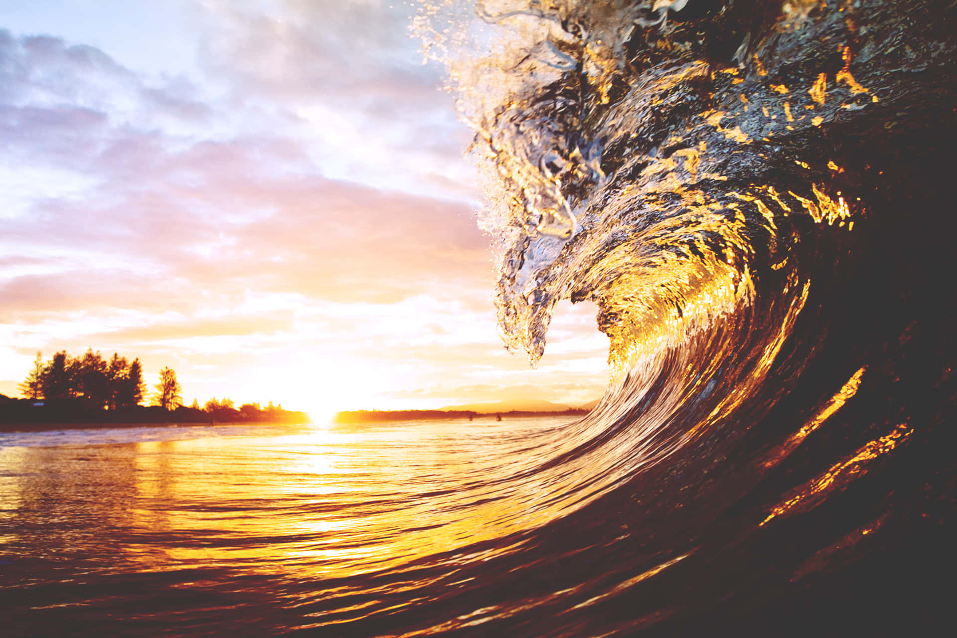 Sunset Wave, golden sunset, ocean wave, Full HD Desktop Wallpaper