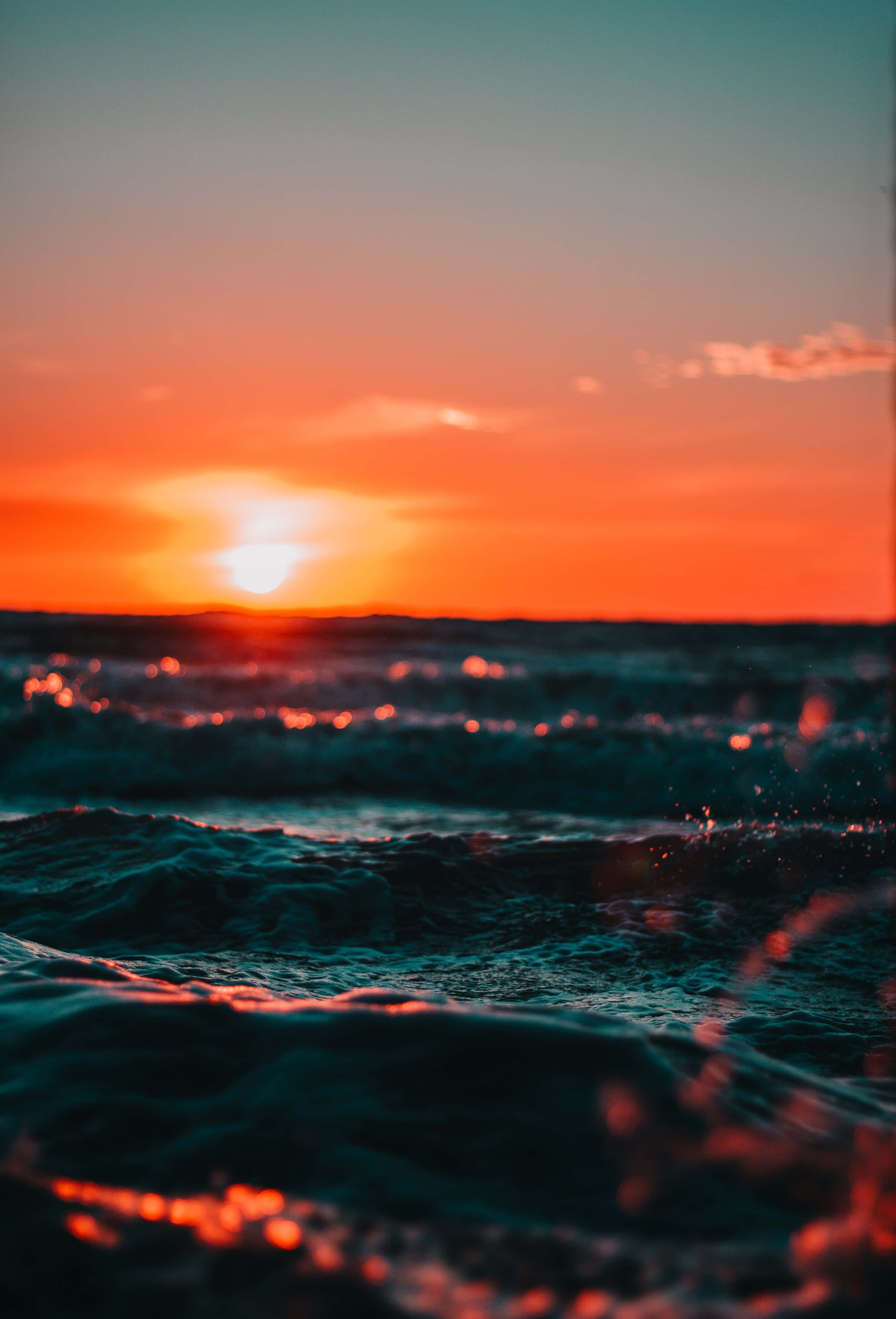 Sunset Wave, fiery orange, teal, 4K Phone Wallpaper