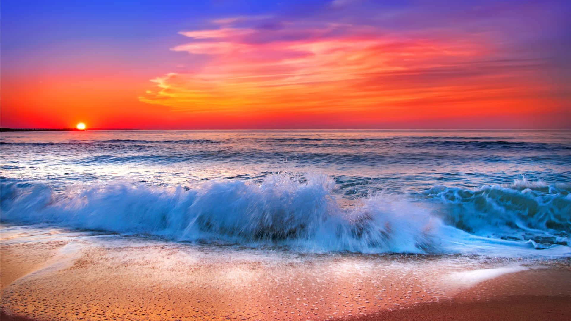 Sunset Wave, sandy beach, fiery orange, Full HD Desktop Wallpaper
