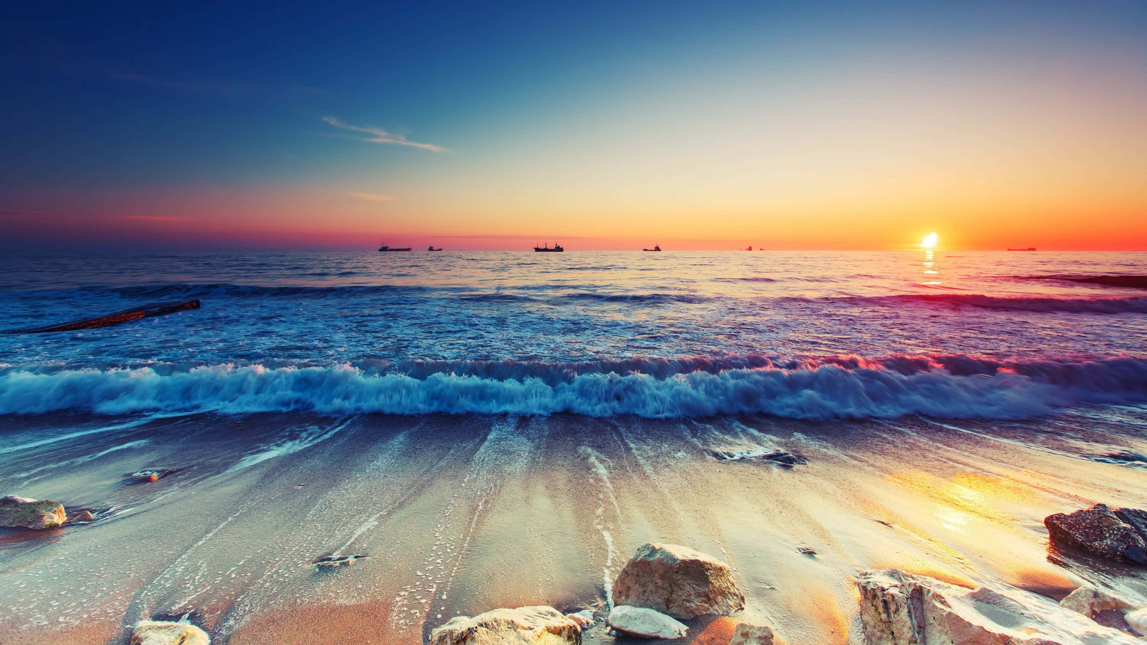 Sunset Wave, sandy shore, rocky shore, 4K Desktop Wallpaper