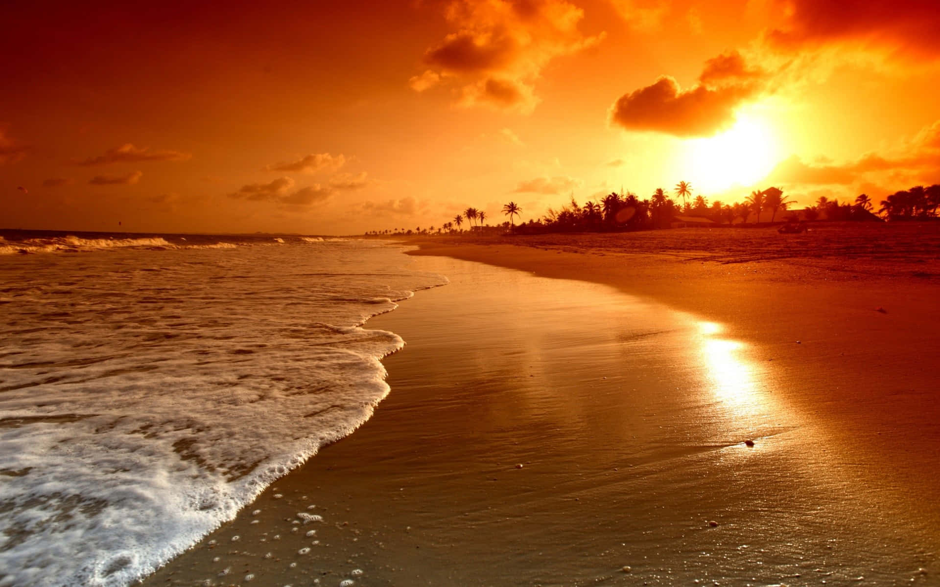 beach, sunset, waves, Full HD Desktop Wallpaper