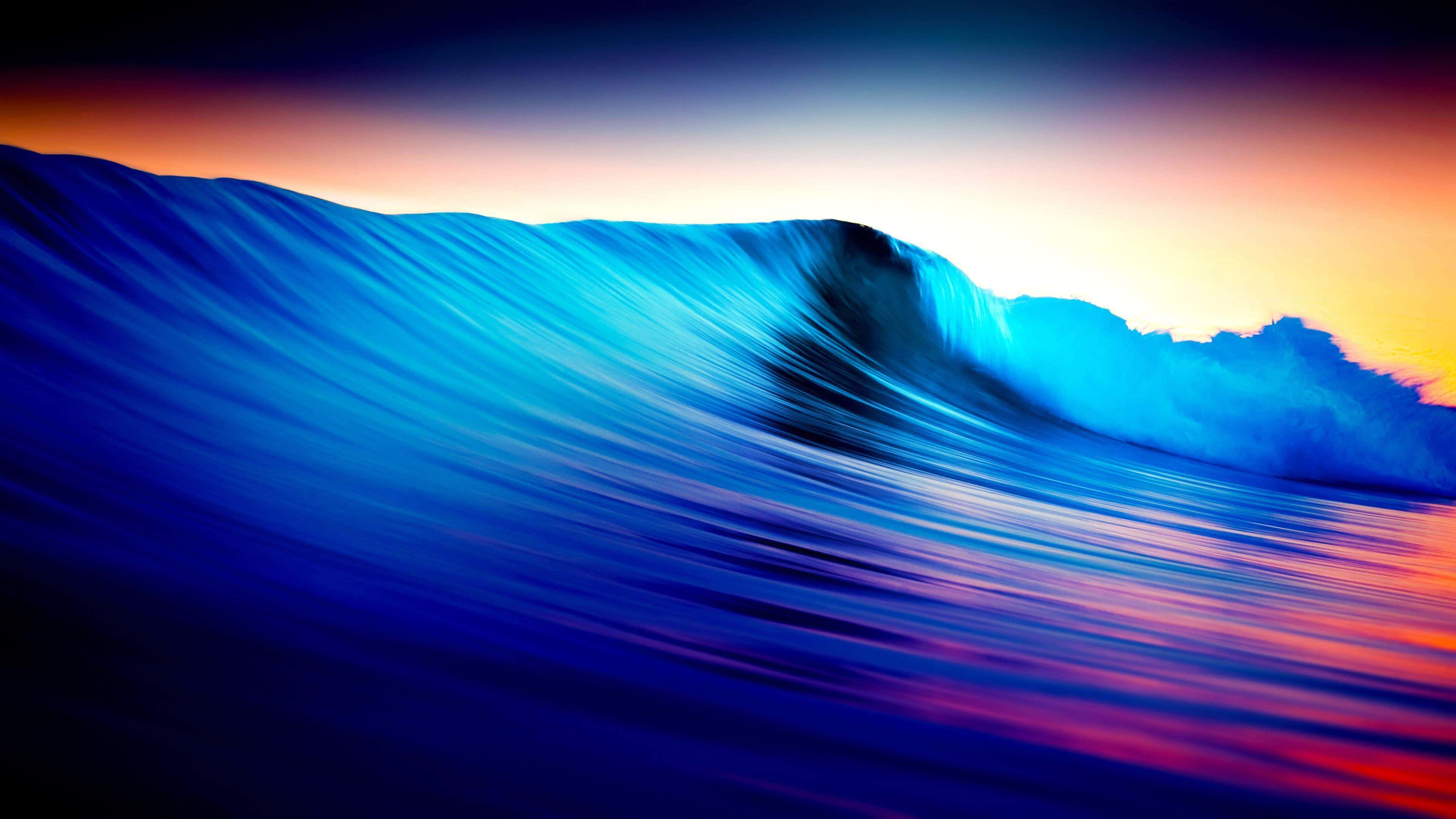 blue wave, fiery sunset sky, orange hues, 4K Desktop Wallpaper