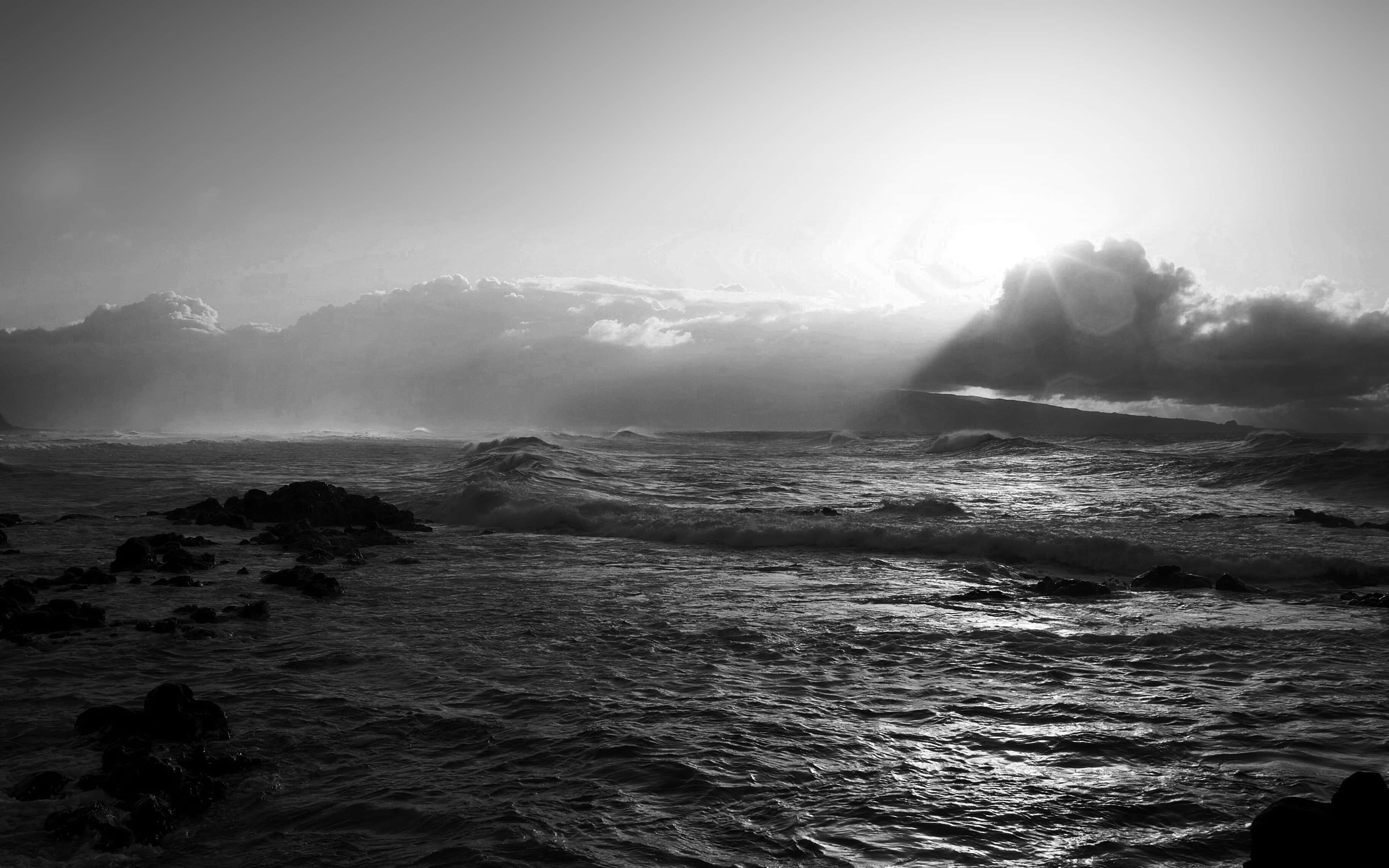 monochrome, ocean, sunset, 4K Desktop Wallpaper