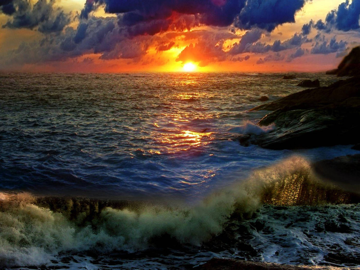 Sunset, Ocean, Fiery orange sun, HD Desktop Wallpaper