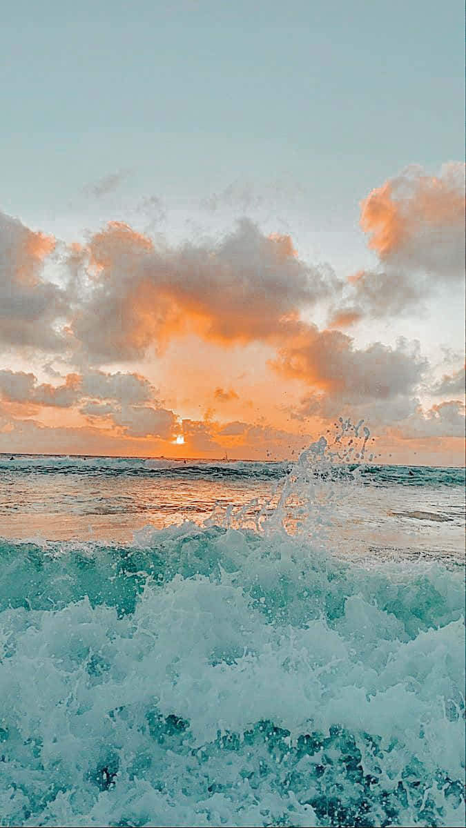 pastel sunset beach waves, orange clouds, turquoise waves, SD Phone Wallpaper