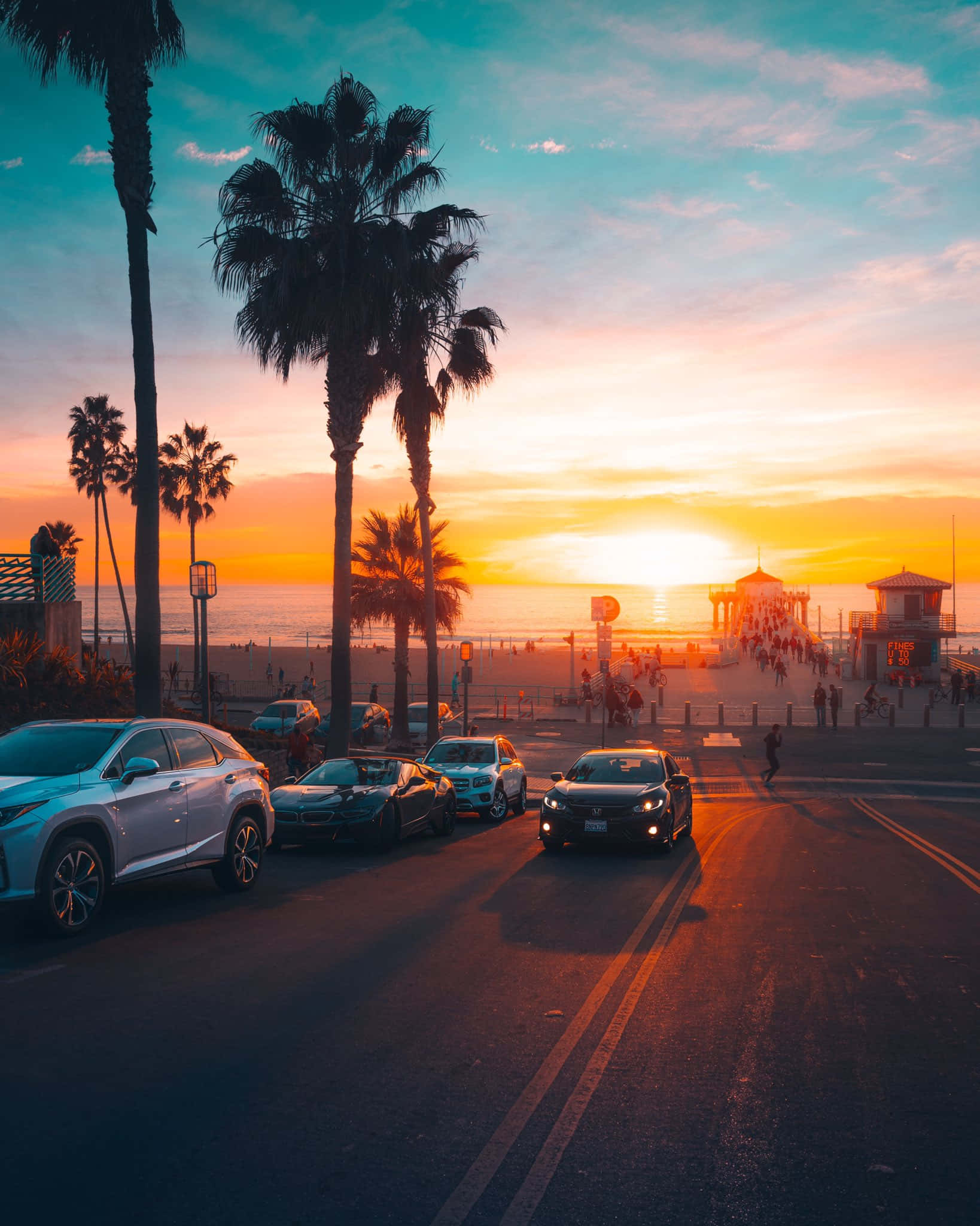 Sunset, palm-lined coastal road, cars, Full HD Phone Wallpaper