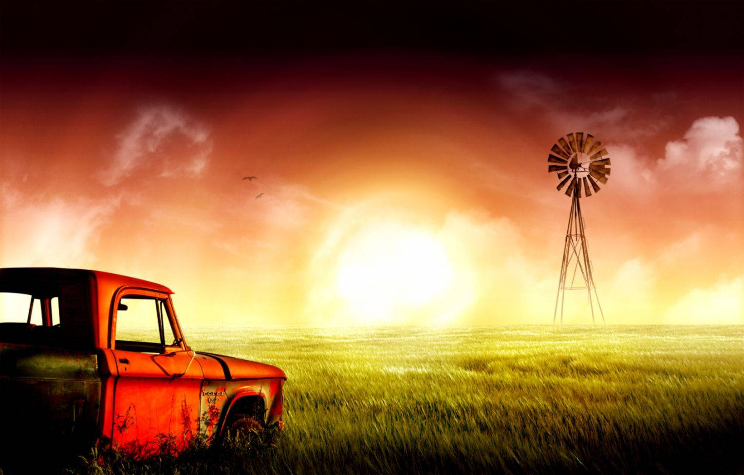 rusty truck, golden field, windmill, HD Desktop Wallpaper