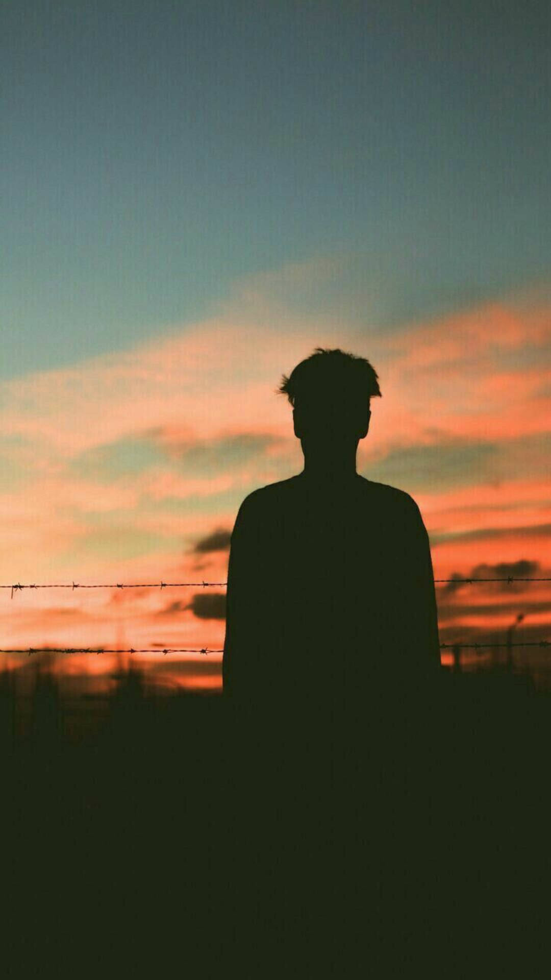 boy shadow, vibrant sunset sky, barbed wire fence, Full HD Phone Wallpaper