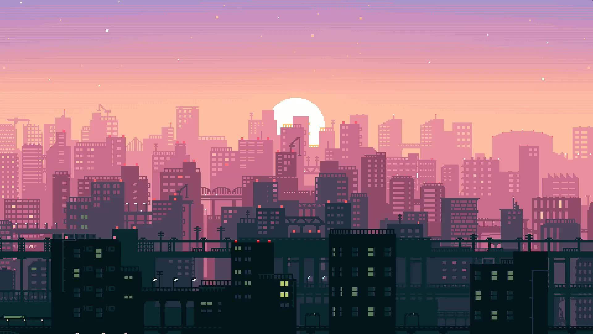 interactive cityscape, sunset, pixel-art city skyline, Full HD Desktop Wallpaper