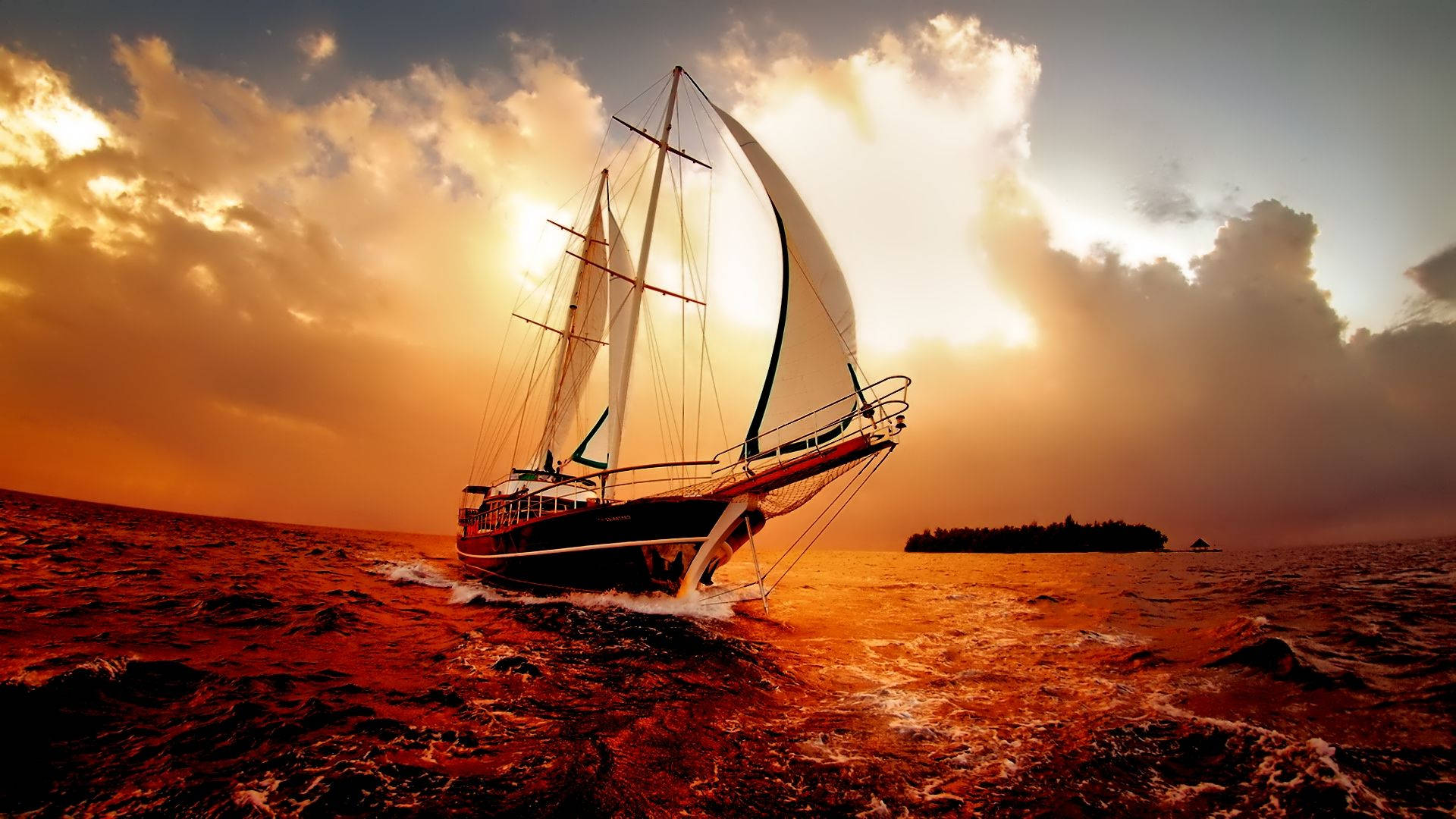 ship, sailboat, sunset, Full HD Desktop Wallpaper