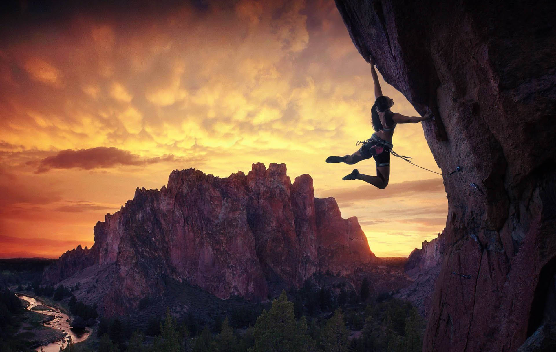 sunset, fiery orange clouds, rugged cliff face, Full HD Desktop Wallpaper