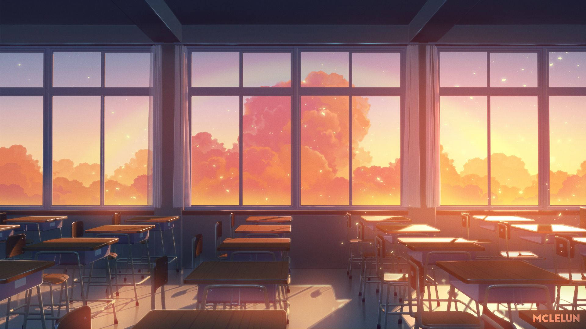 anime classroom, sunset, window view, Full HD Desktop Wallpaper