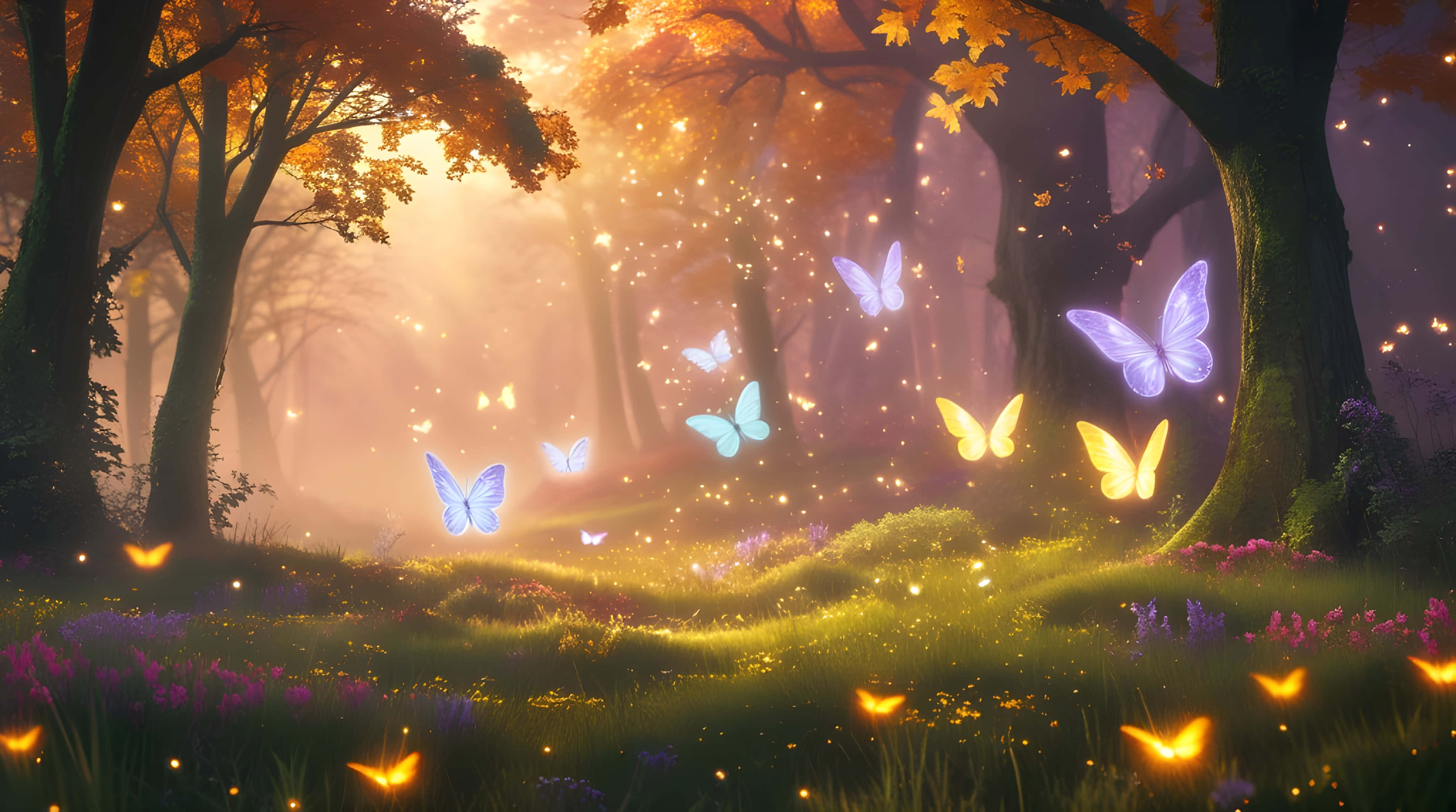 sunset, forest, autumn trees, 4K Desktop Wallpaper