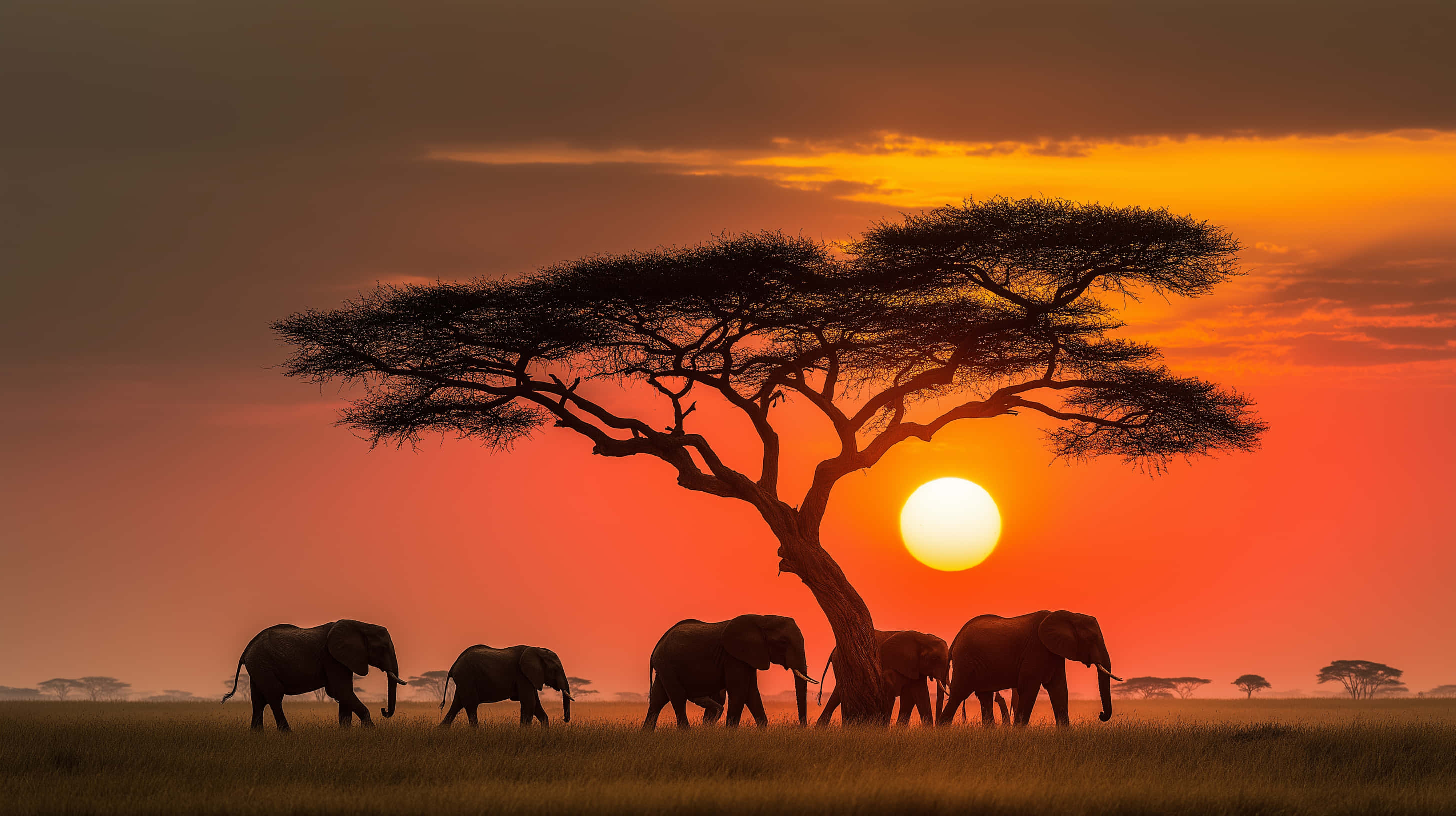 African Savannah, elephant family silhouettes, acacia tree, 2K Desktop Wallpaper