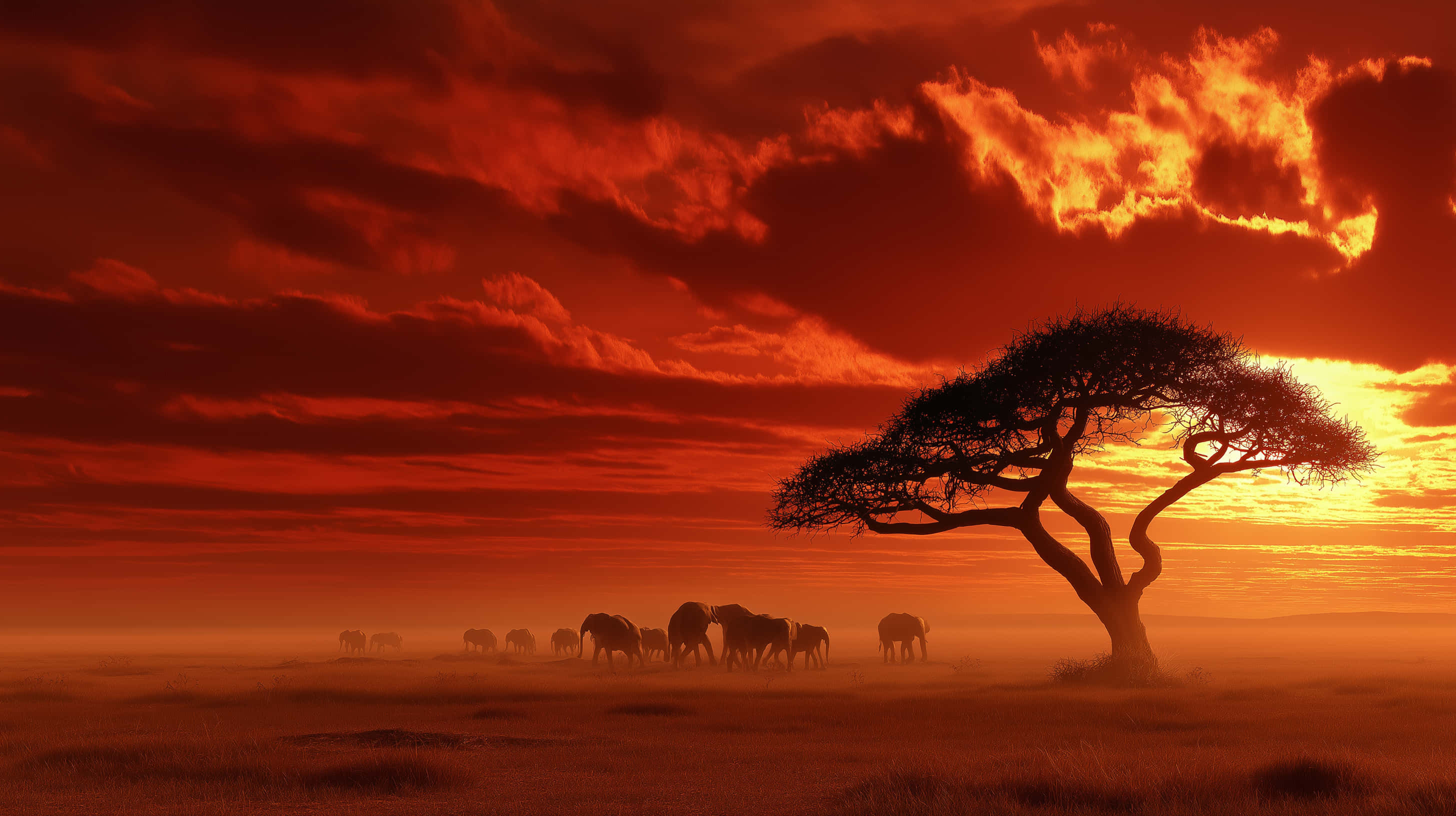 African Savannah, elephant family, silhouettes, 2K Desktop Wallpaper