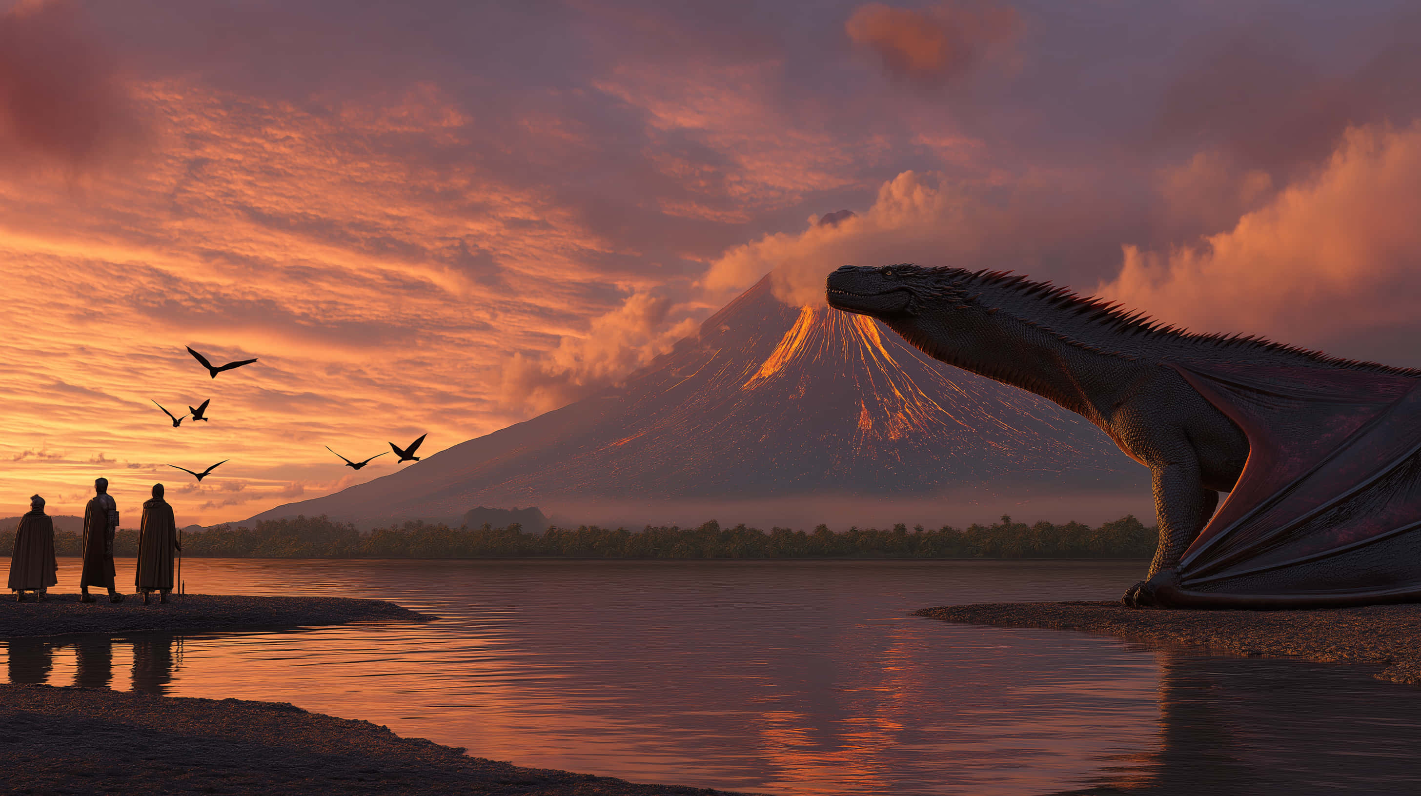 majestic dragon, volcanic lake, fiery sunset, 2K Desktop Wallpaper