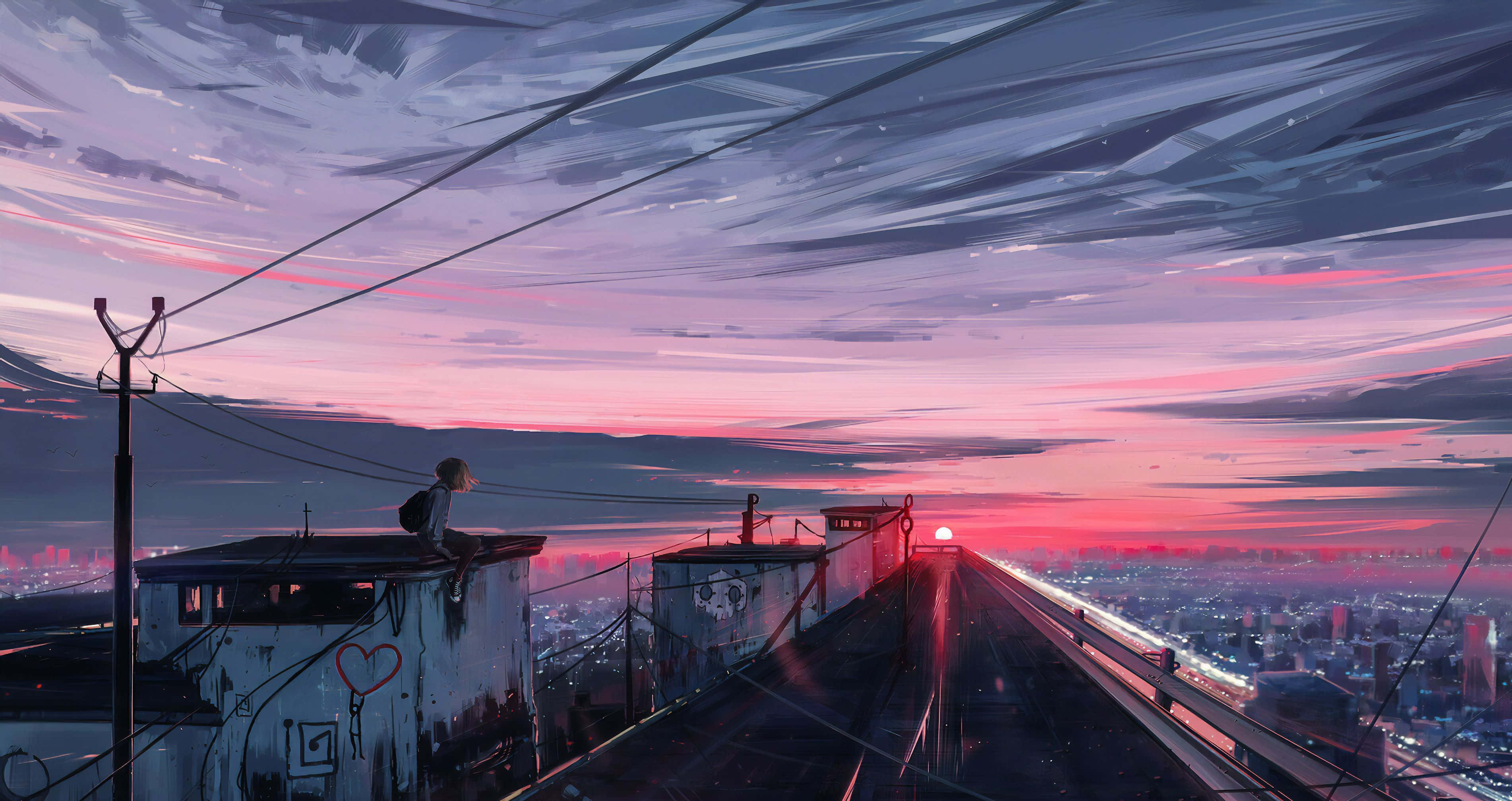Sunset, rooftop, city, 2K Desktop Wallpaper