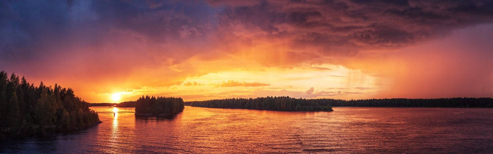 fiery sunset, orange and purple sky, calm lake, HD Desktop Wallpaper