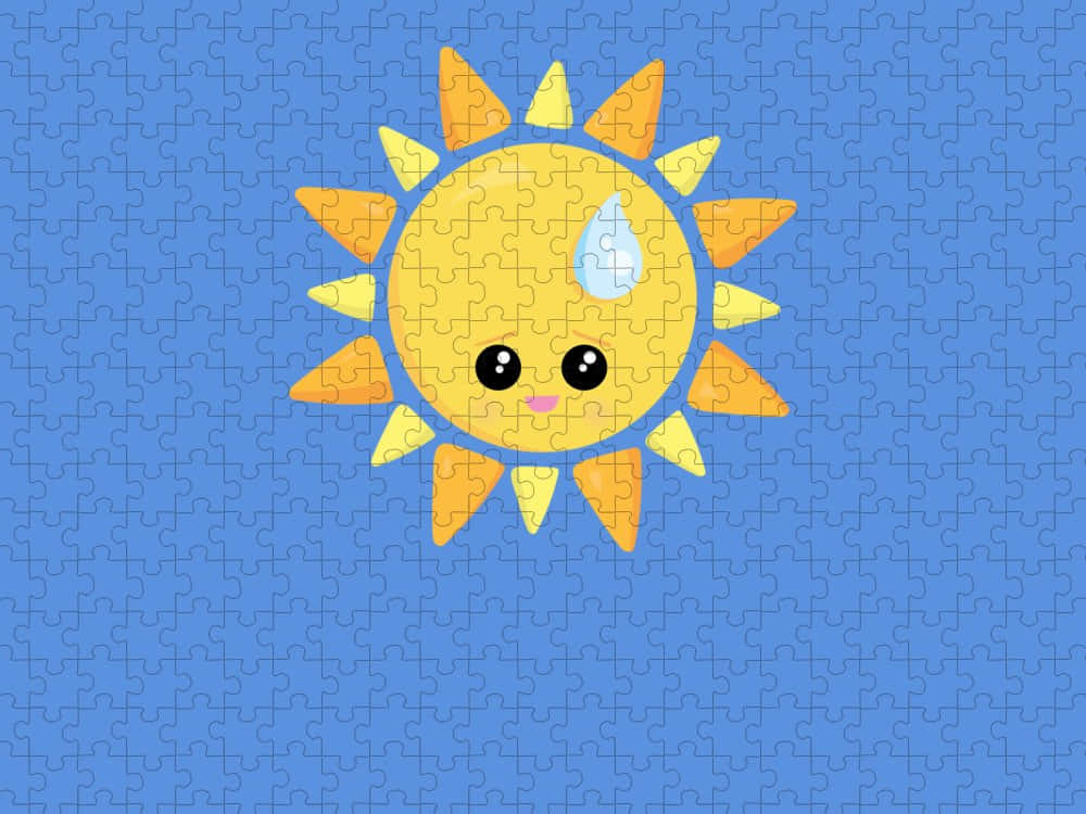 cute cartoon sun, teardrop on its cheek, blue jigsaw puzzle background, SD Desktop Wallpaper