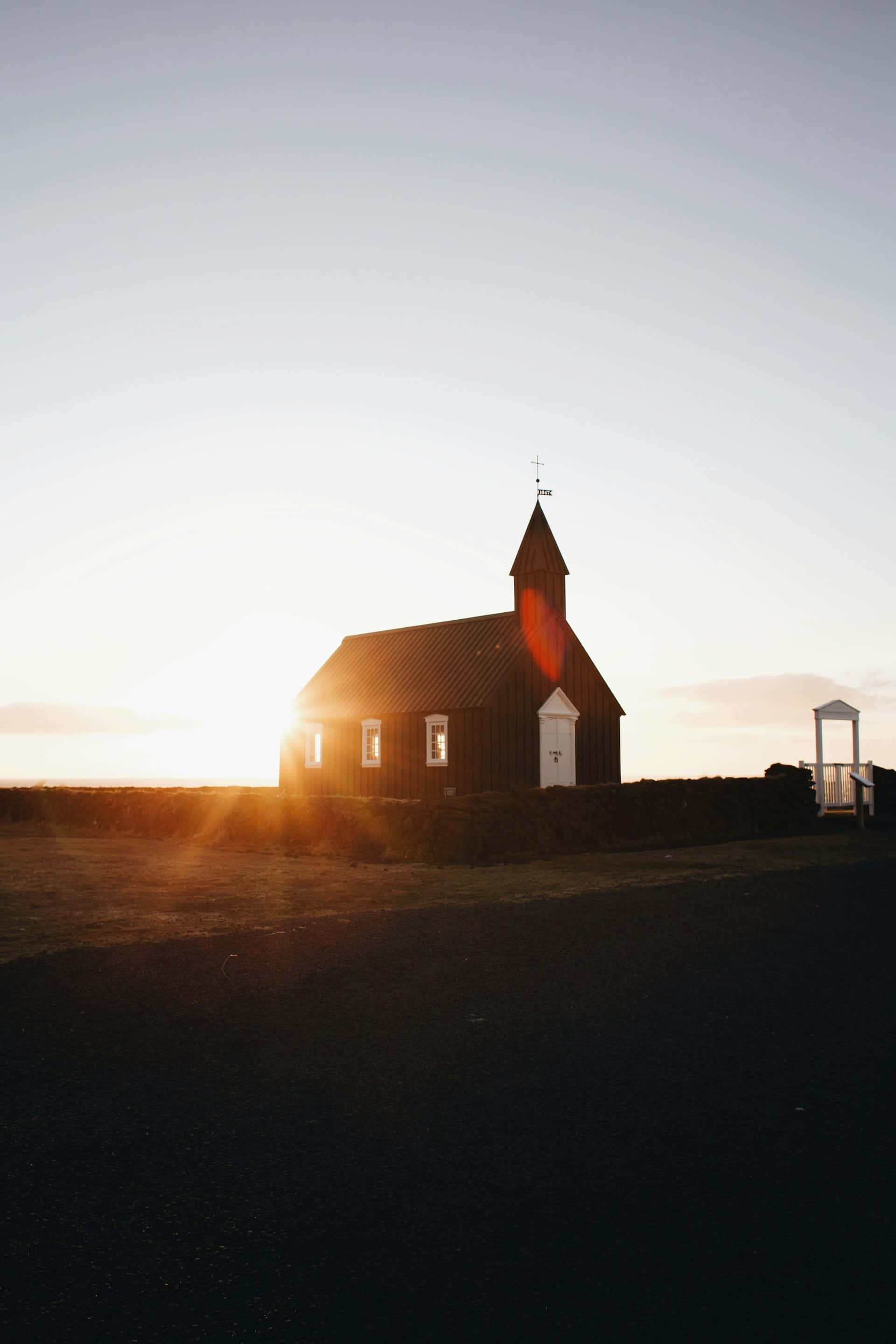 sunset silhouette church, golden sunset, wooden church, 2K Phone Wallpaper