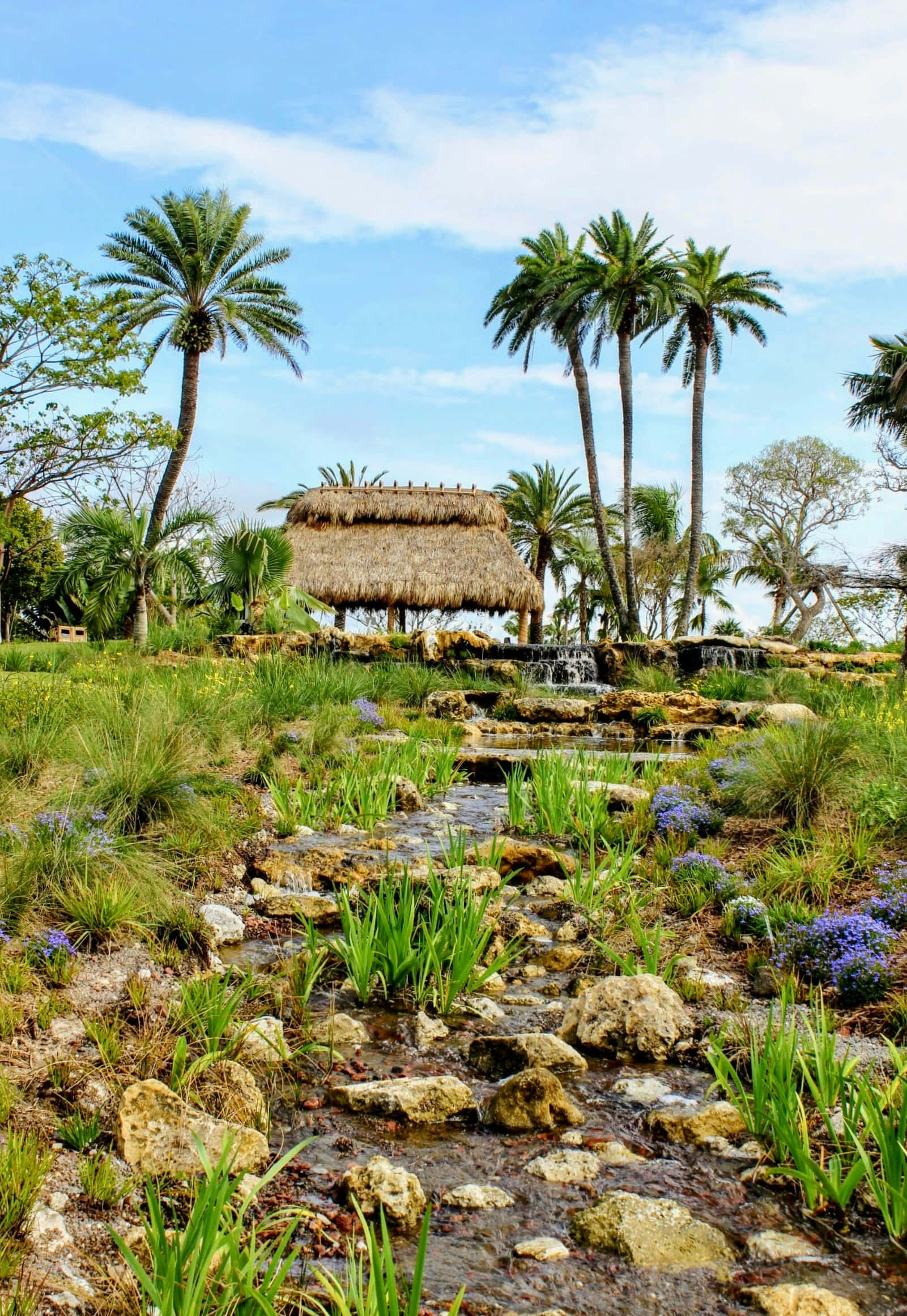 thatched-roof hut, palm trees, stone stream, Full HD Phone Wallpaper