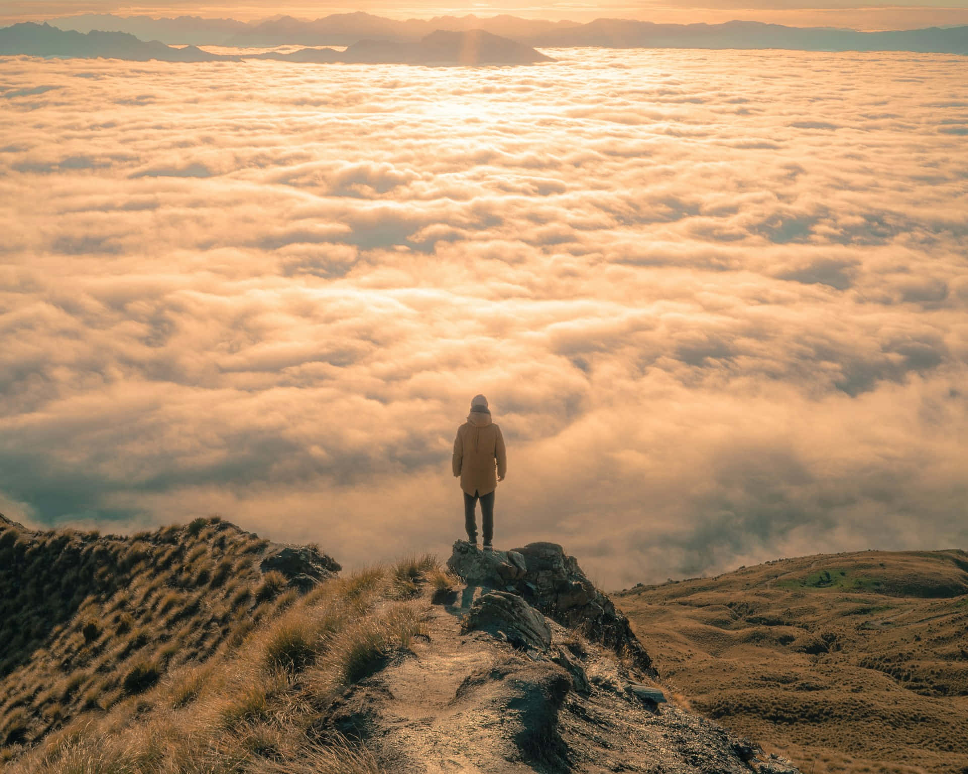 golden sunrise, clouds, mountain ridge, Full HD Desktop Wallpaper