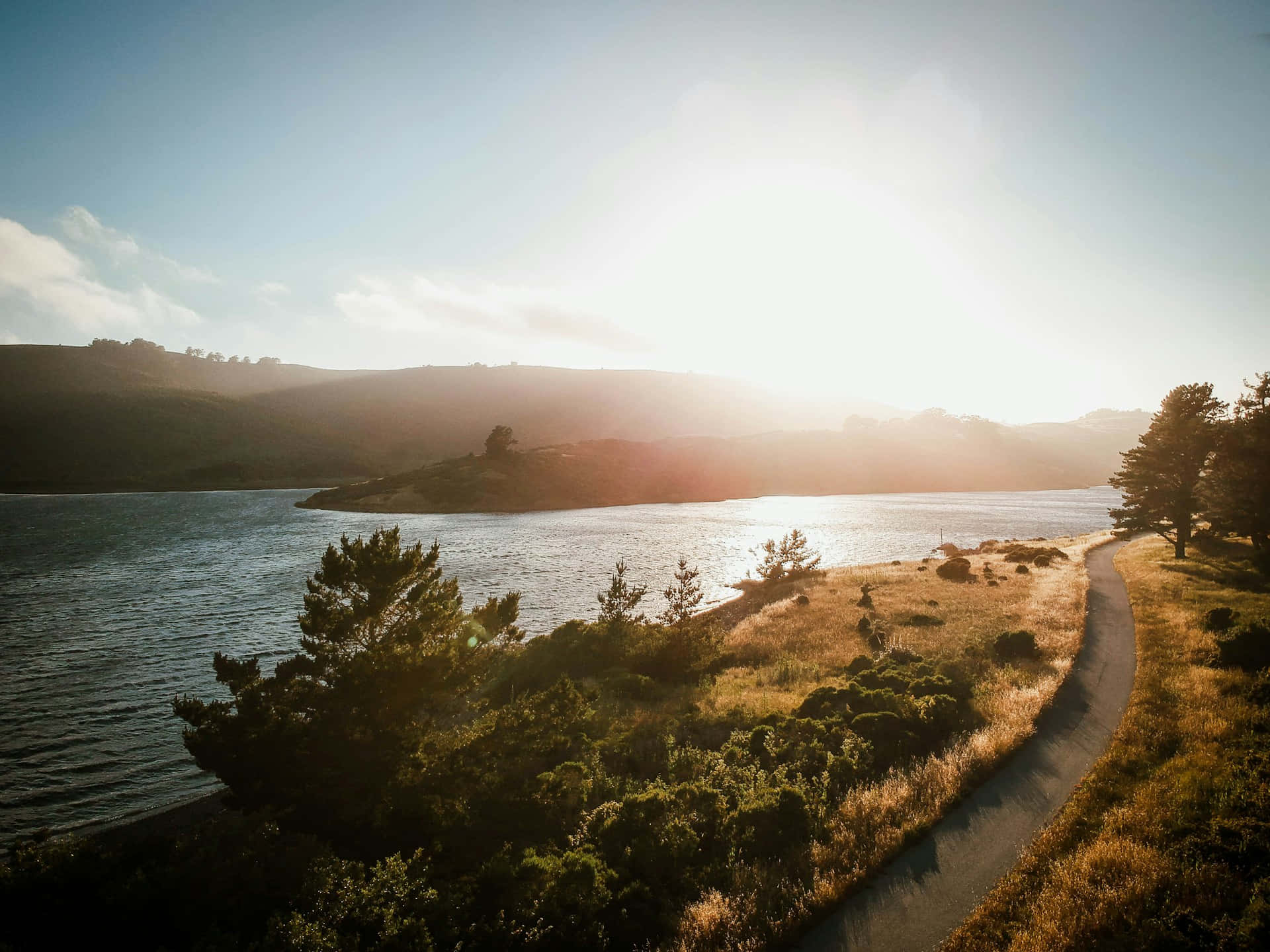 golden sunset, coastline path, sunlit lakeshore, Full HD Desktop Wallpaper