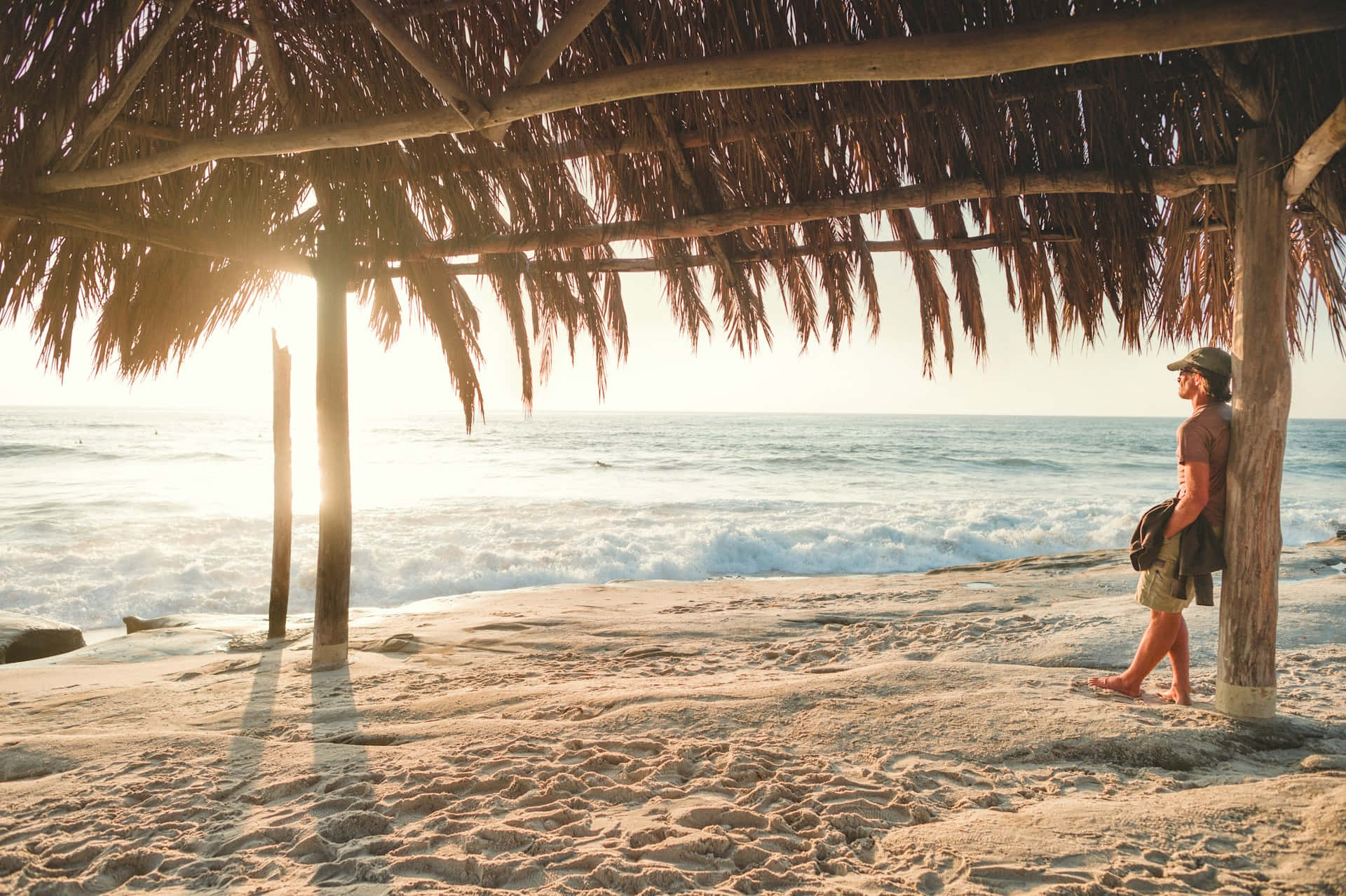 sunset beach solitude, thatched-roof hut, sandy beach, Full HD Desktop Wallpaper